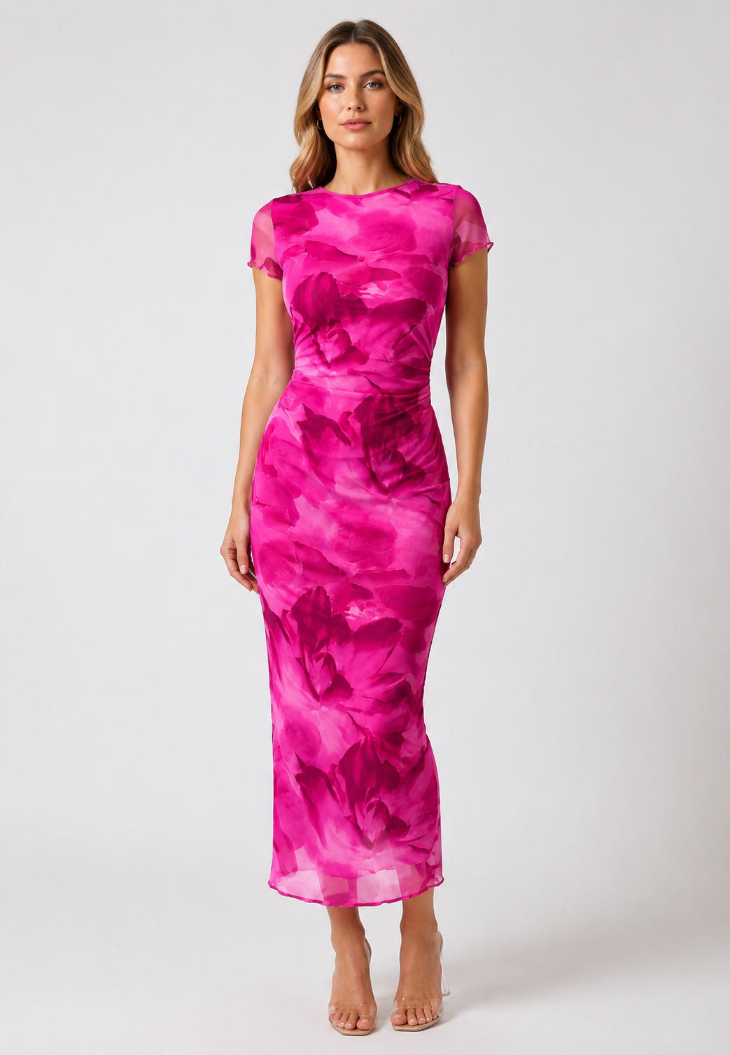 Women's Floral Print Bodycon Midi Dress – Round Neck Short Sleeve Elegant Summer Casual Dress