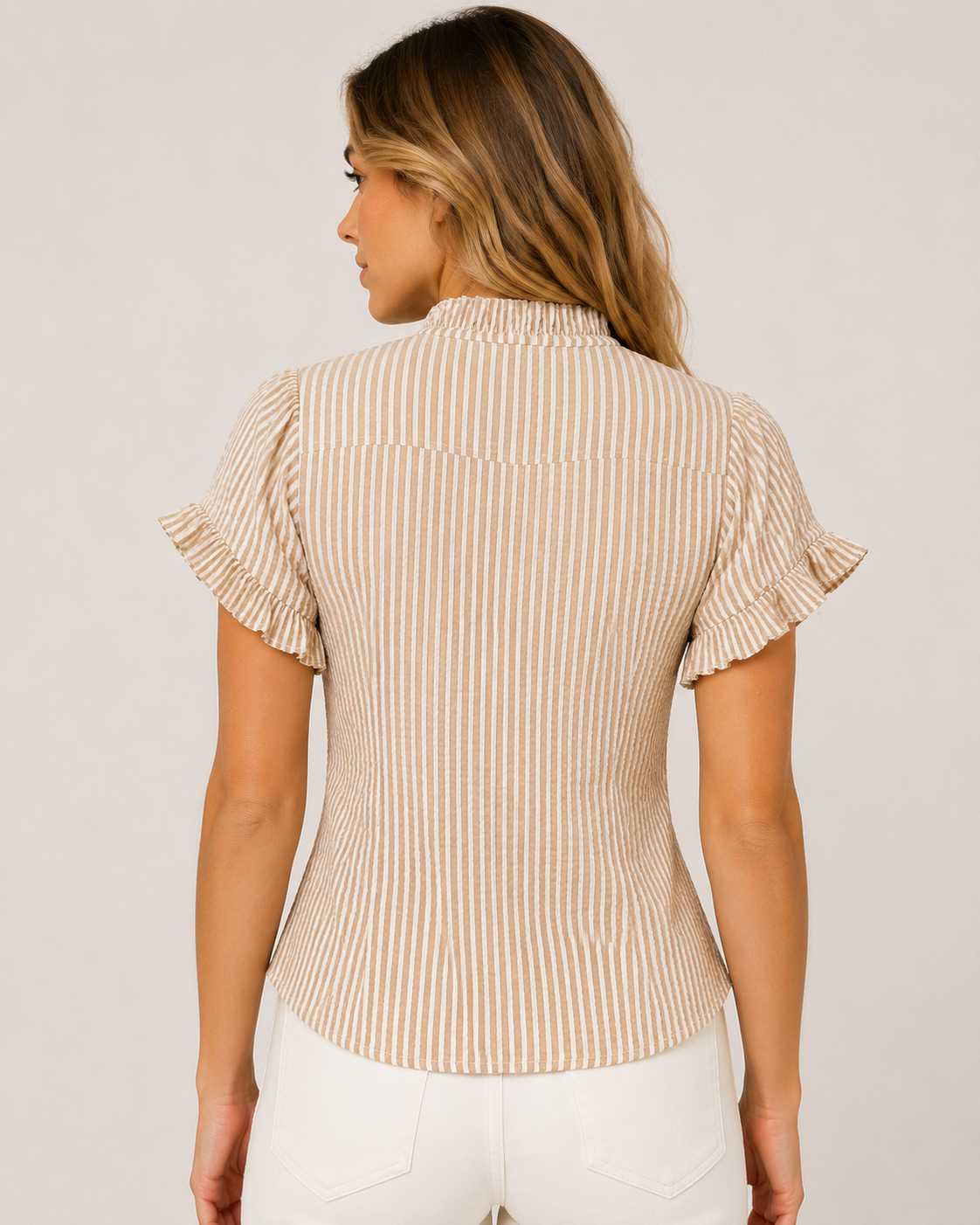 Women's Striped Frill Trim Blouse Short Sleeve Button Up Casual Summer Shirt