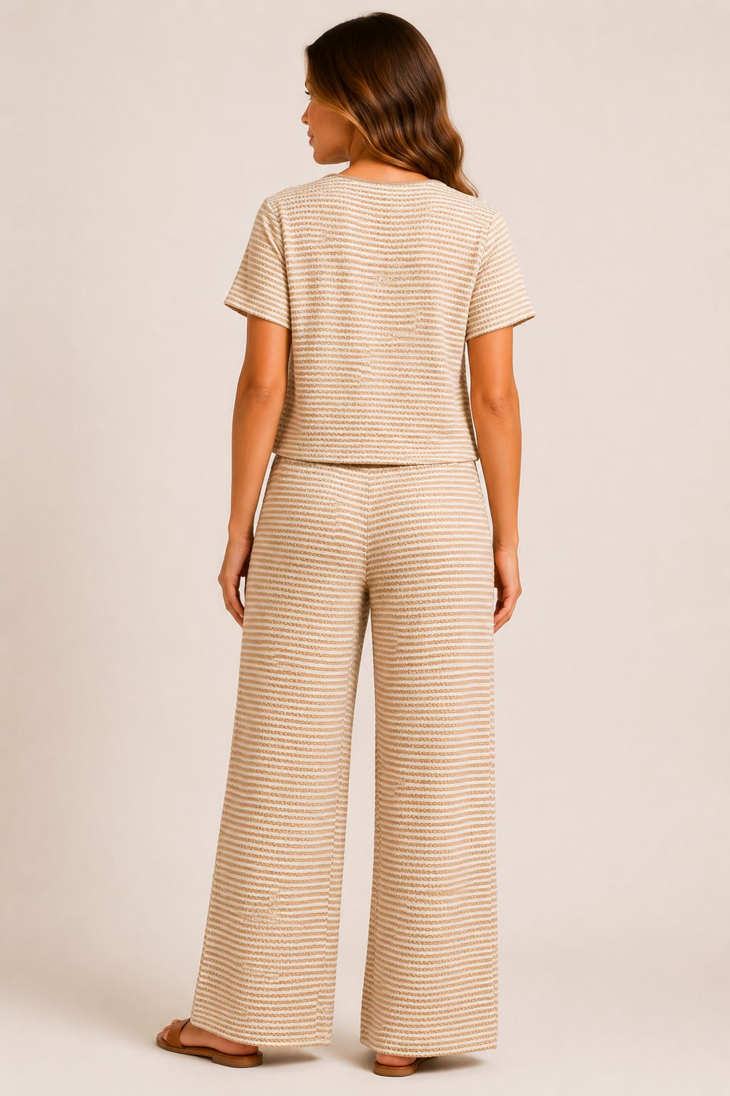 Women's Striped Tie Front Top & Wide Leg Pants Set Casual Holiday Two Piece Outfit