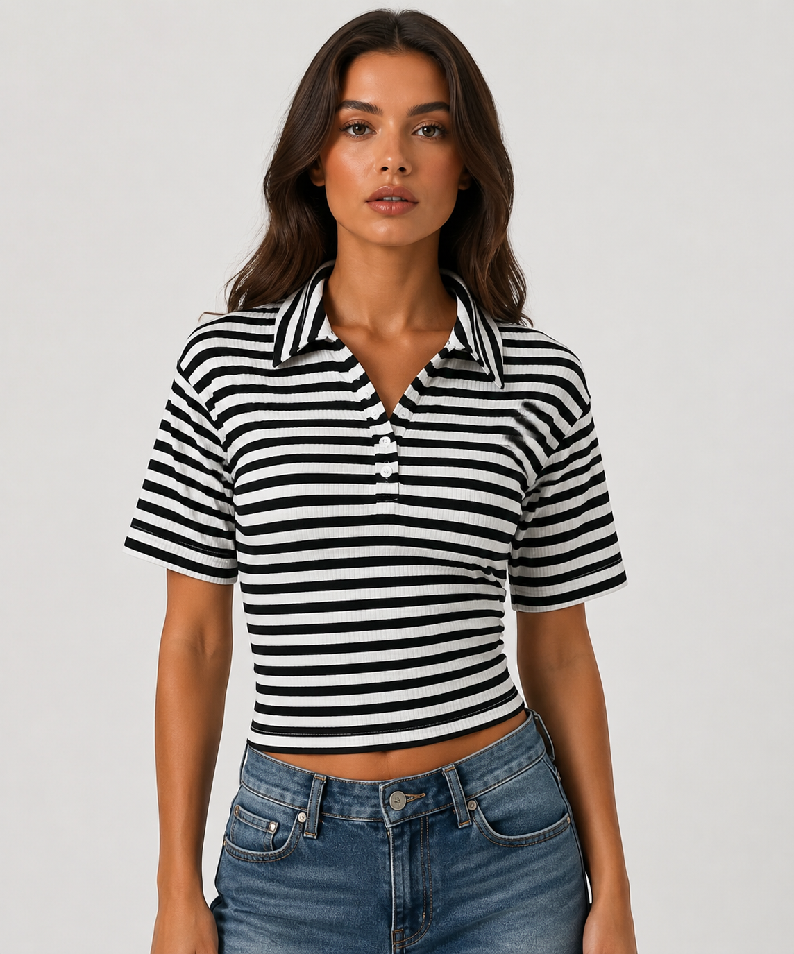 Women's Striped Polo Collar Knit T-Shirt – Slim Fit Casual Top