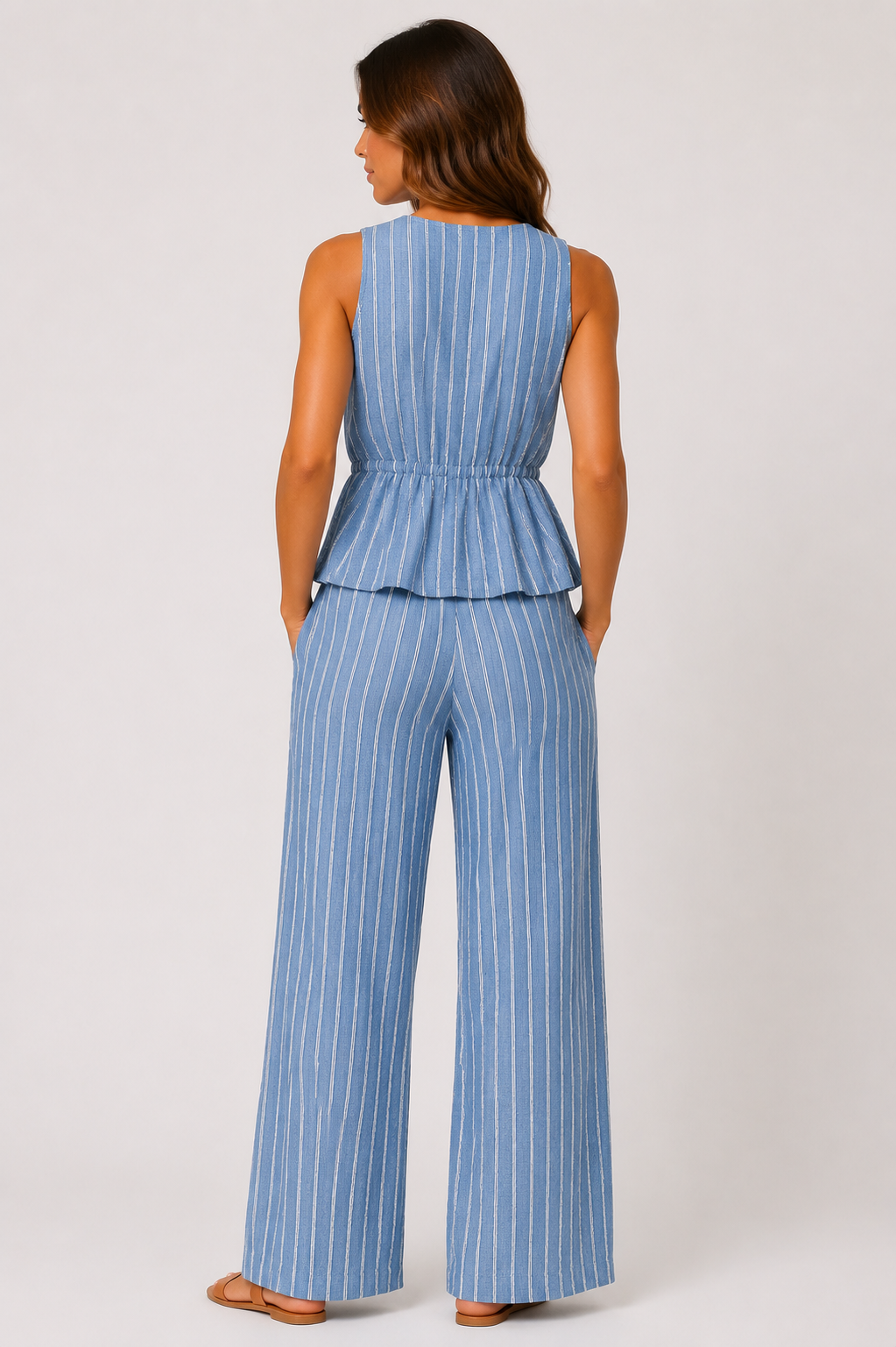 Striped Deep V-Neck Pleated Top & Wide Leg Pants Co-Ord Set Casual Beach Holiday Two Piece Outfit