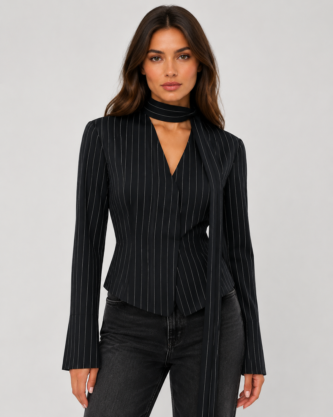 Women's Striped Tie Neck Blazer Elegant V-Neck Long Sleeve Office & Smart Casual Jacket
