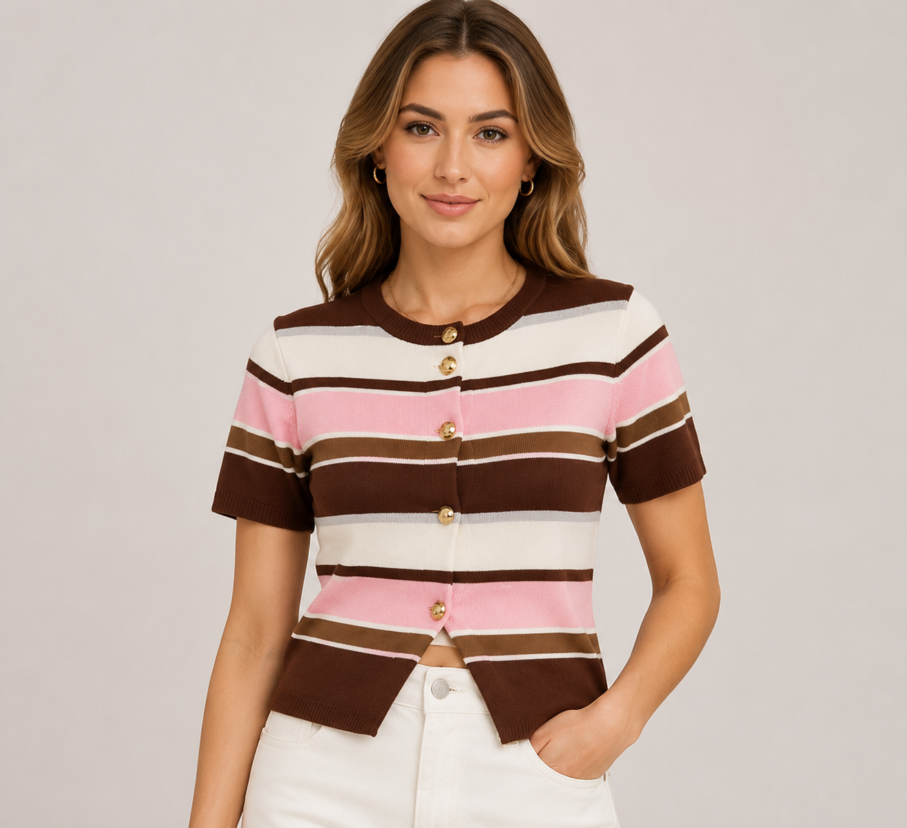 Women's Contrast Stripe Short Sleeve Knit Cardigan  Lightweight Button Front Summer Sweater Top