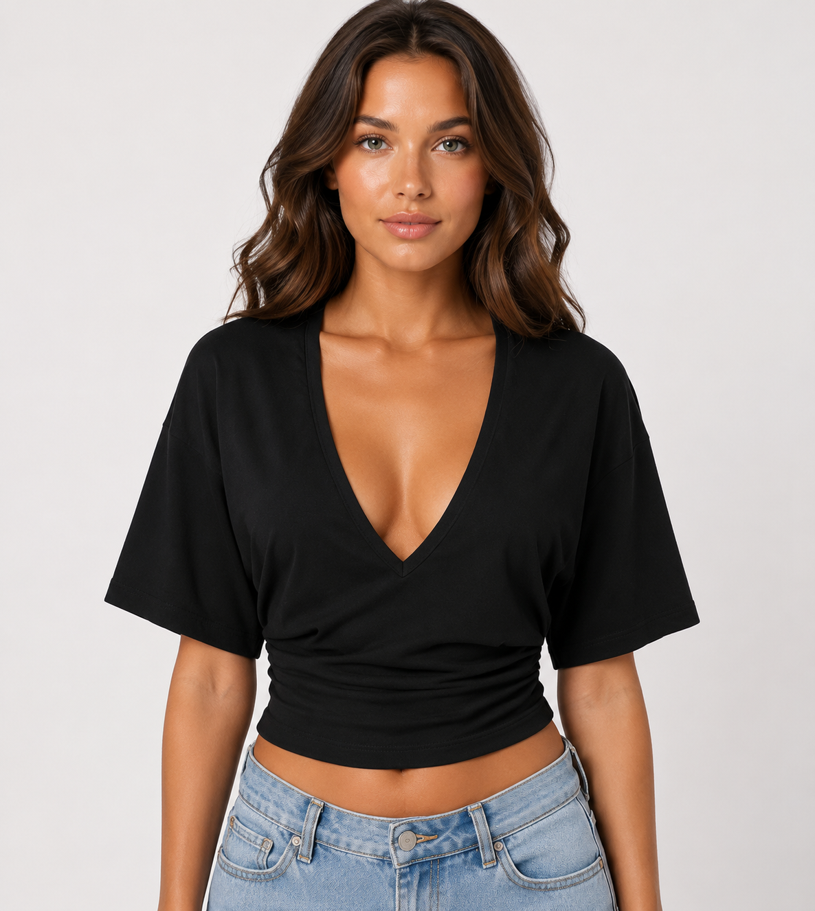 Women's V-Neck Pleated Waist Slim Fit Blouse Casual Summer Fashion Top