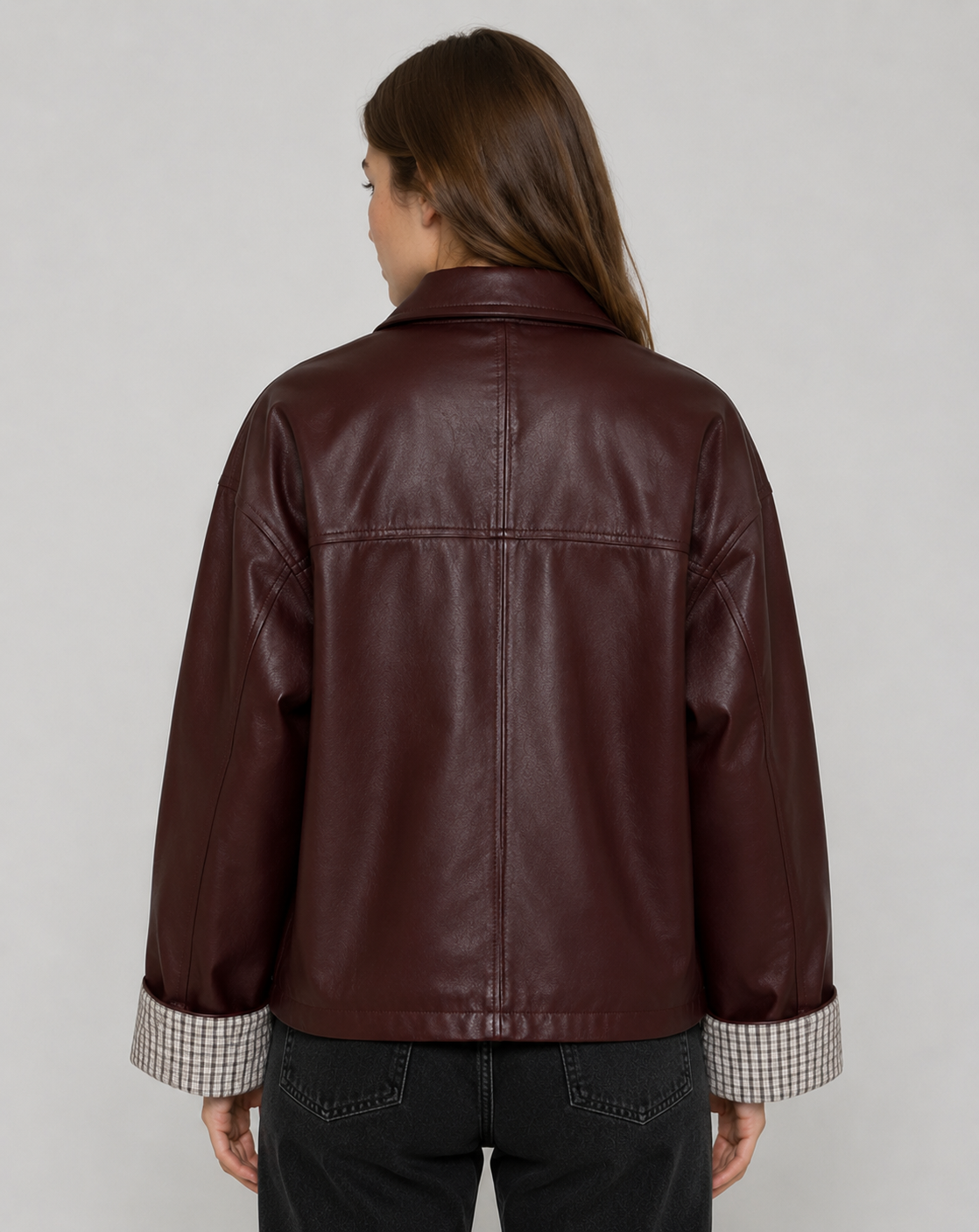Women's Plaid Patchwork Jacket Oversized PU Leather Collar Button Up Casual Autumn Coat