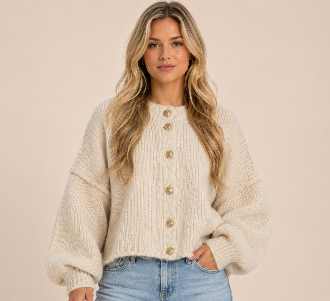 Women's Balloon Sleeve Button Up Knit Cardigan for Casual, Office, Travel & Autumn Winter Layering