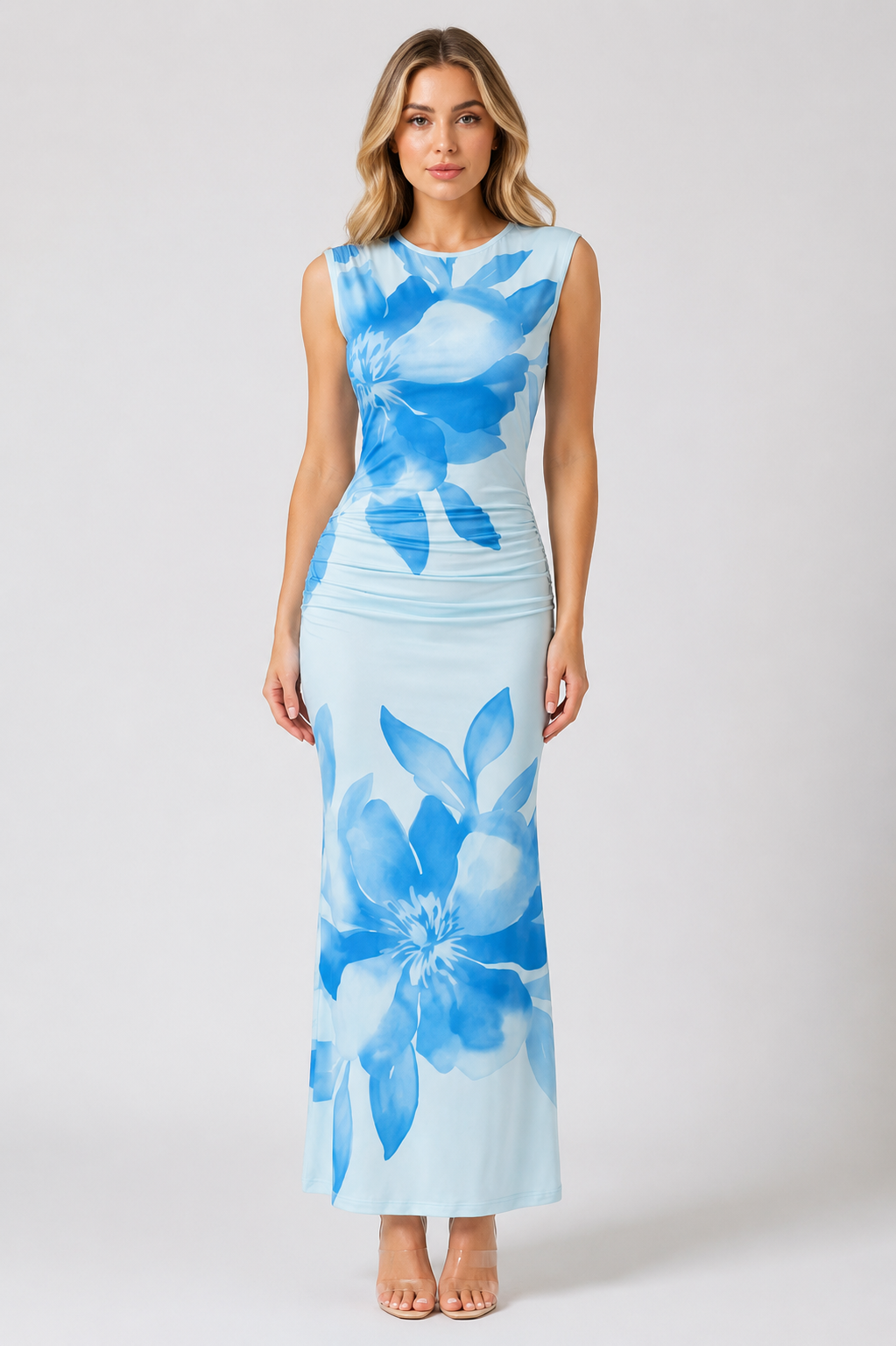 Women's Floral Print Sleeveless Maxi Dress – Elegant Round Neck Summer Holiday & Wedding Guest Dress