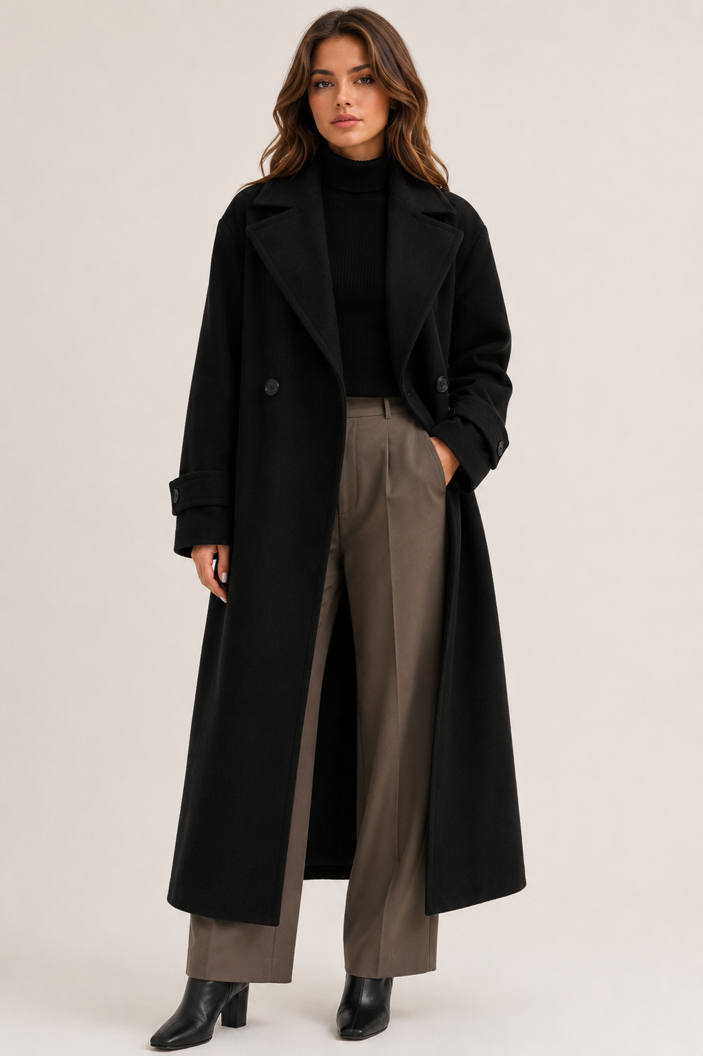 Women's Oversized Wool Blend Belted Long Overcoat Elegant Winter Autumn Trench Coat with Lapel Collar, Long Sleeve Casual Office Jacket