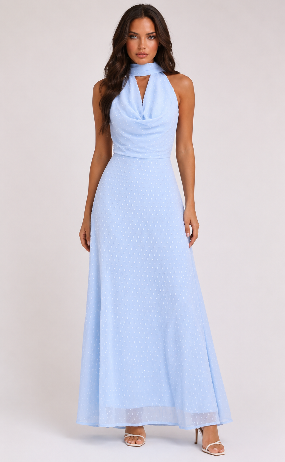 Women's Polka Dot Halter Maxi Dress Elegant Backless Tie Back Prom, Wedding Guest & Summer Occasion Dress
