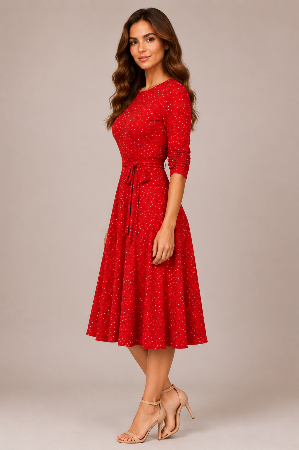 Woman's Floral Red Print Midi Dress with Tie Waist