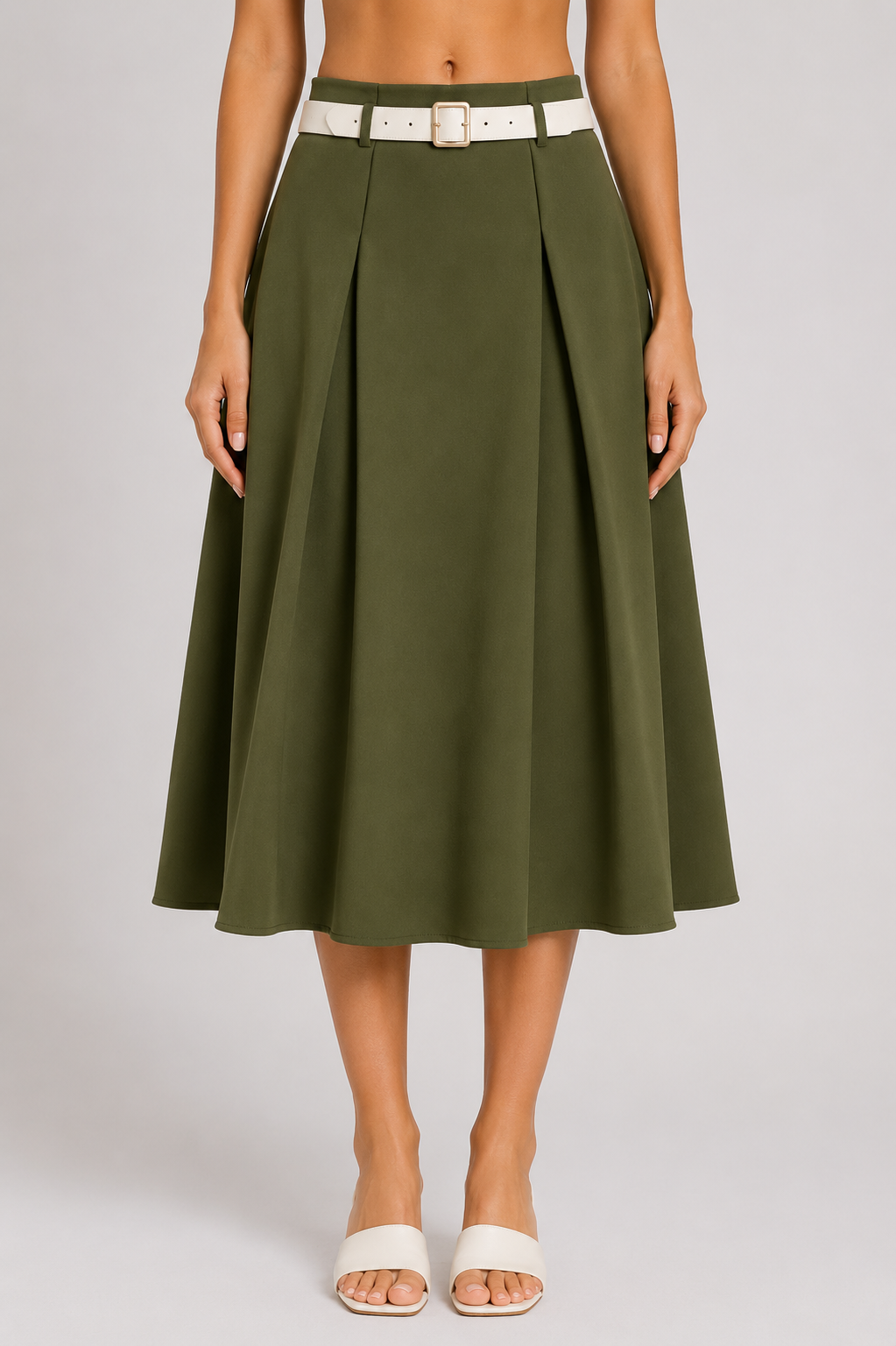 Women's Belted Pleated Midi Skirt Casual High Waist Flare A-Line Skirt for Office
