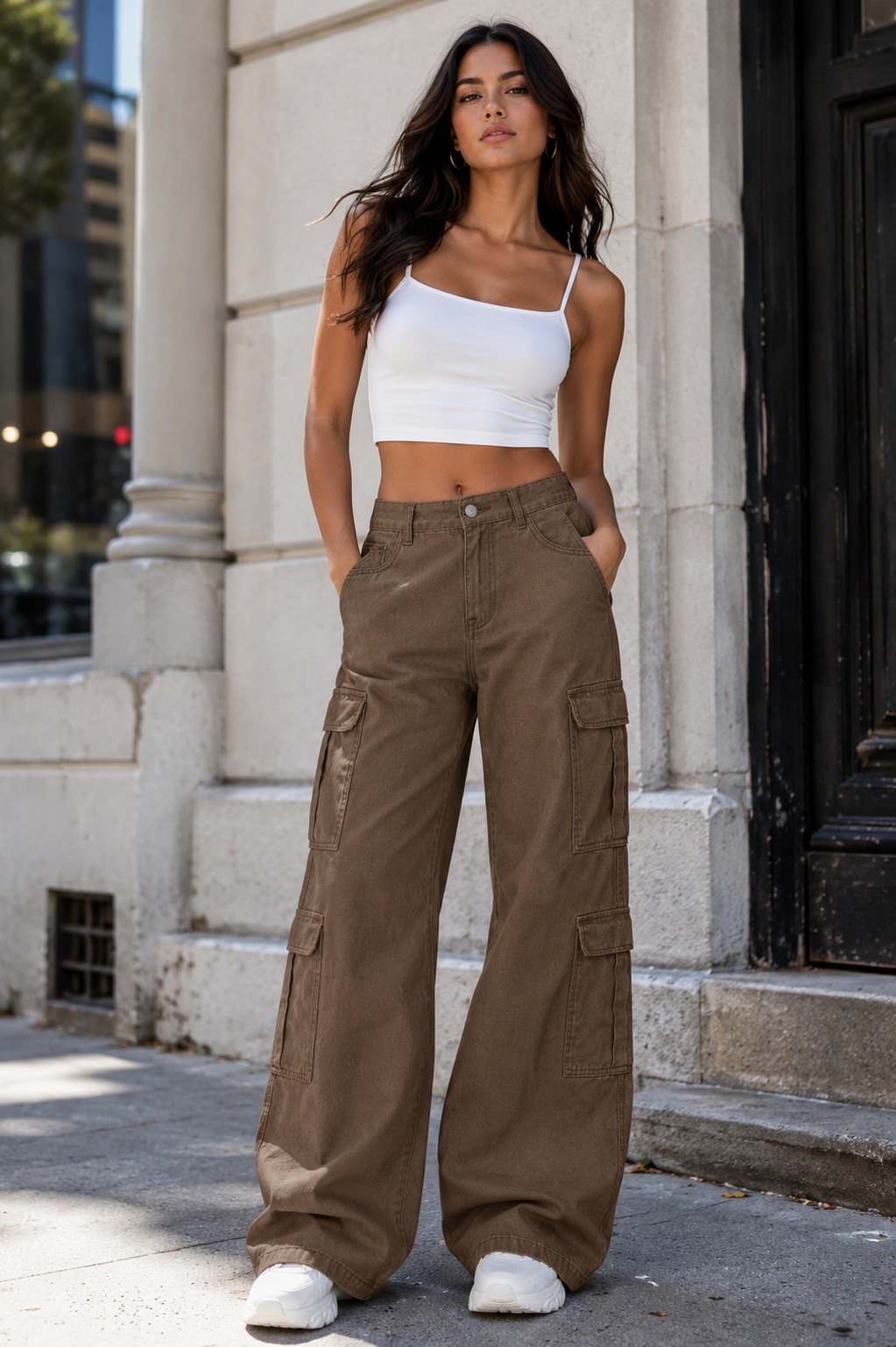 Women's Wide Leg Cargo Jeans High Waist Pocketed Utility Denim Pants