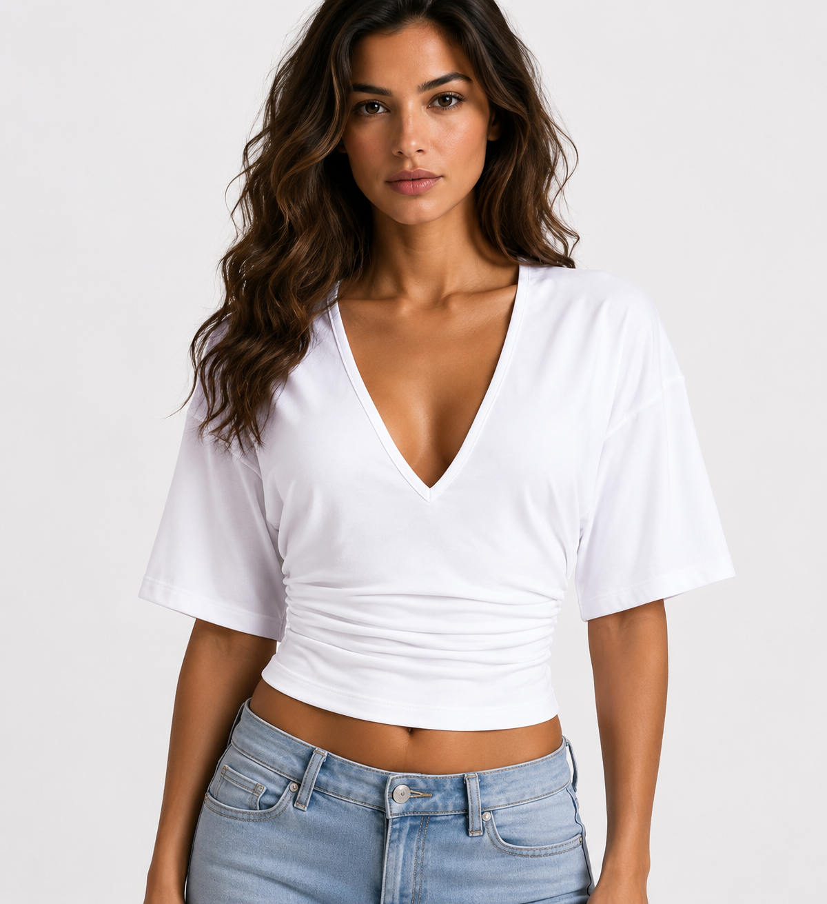 Women's V-Neck Pleated Waist Slim Fit Blouse Casual Summer Fashion Top