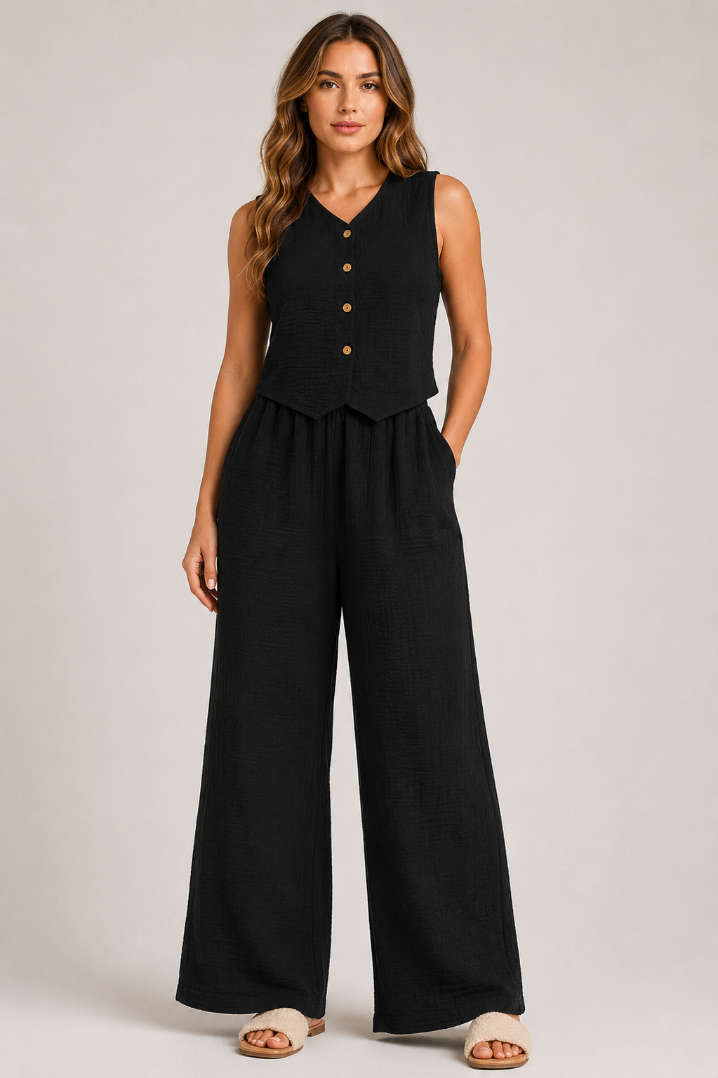Women's Textured Button Camisole & Wide Leg Trousers Co-Ord Set Casual Two Piece Outfit