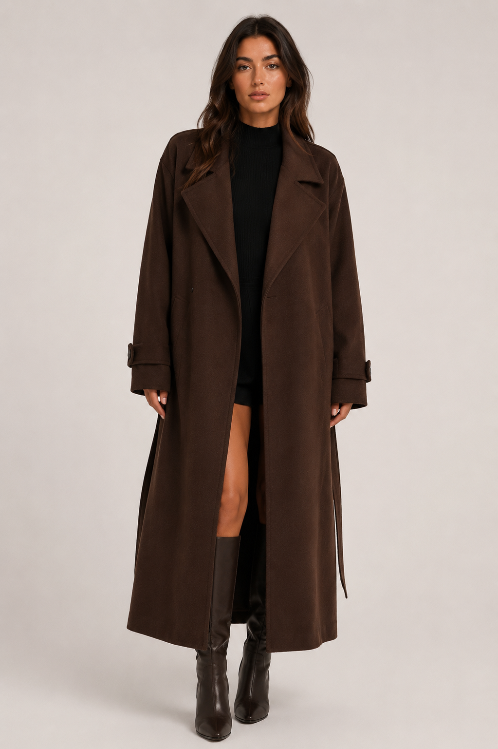 Women's Oversized Wool Blend Belted Long Overcoat Elegant Winter Autumn Trench Coat with Lapel Collar, Long Sleeve Casual Office Jacket