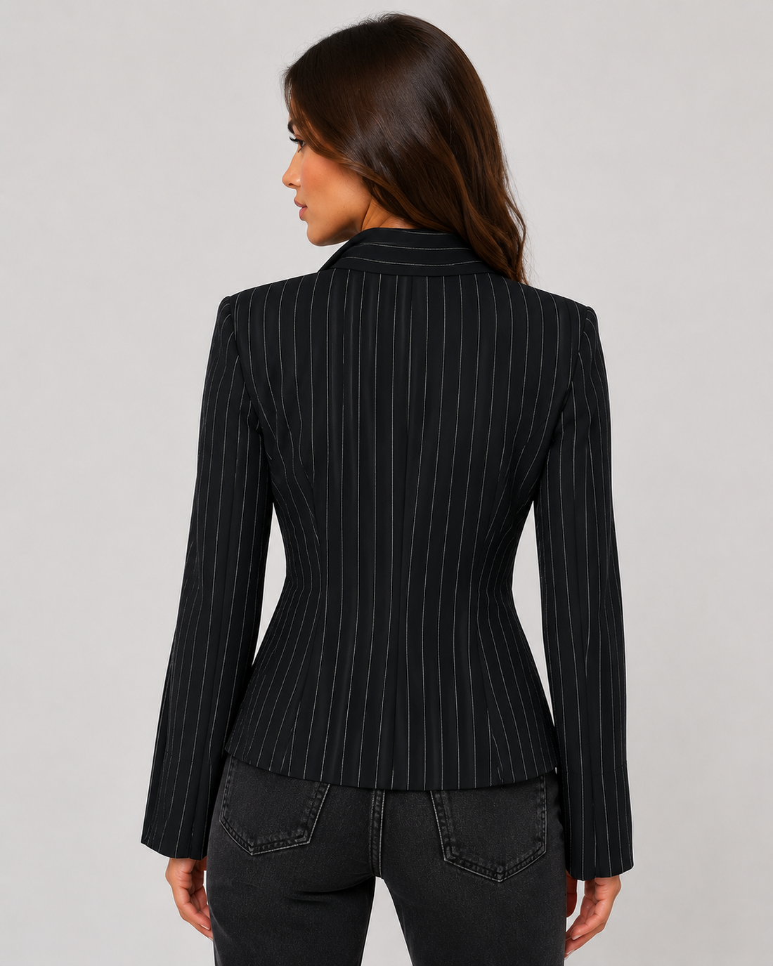 Women's Striped Tie Neck Blazer Elegant V-Neck Long Sleeve Office & Smart Casual Jacket