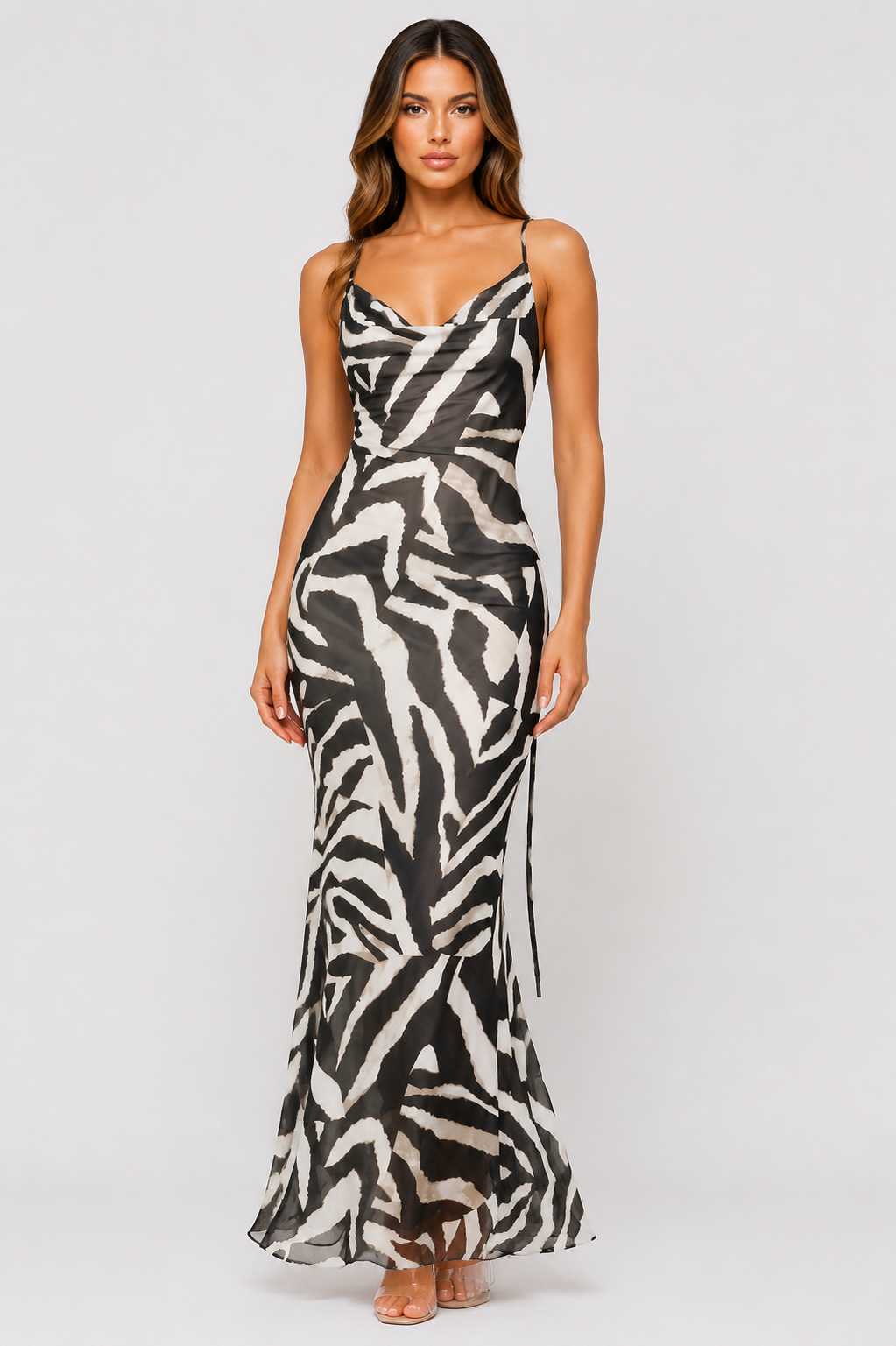Edin Womens Elegant Zebra Print Plunging Neck Backless Maxi Dress