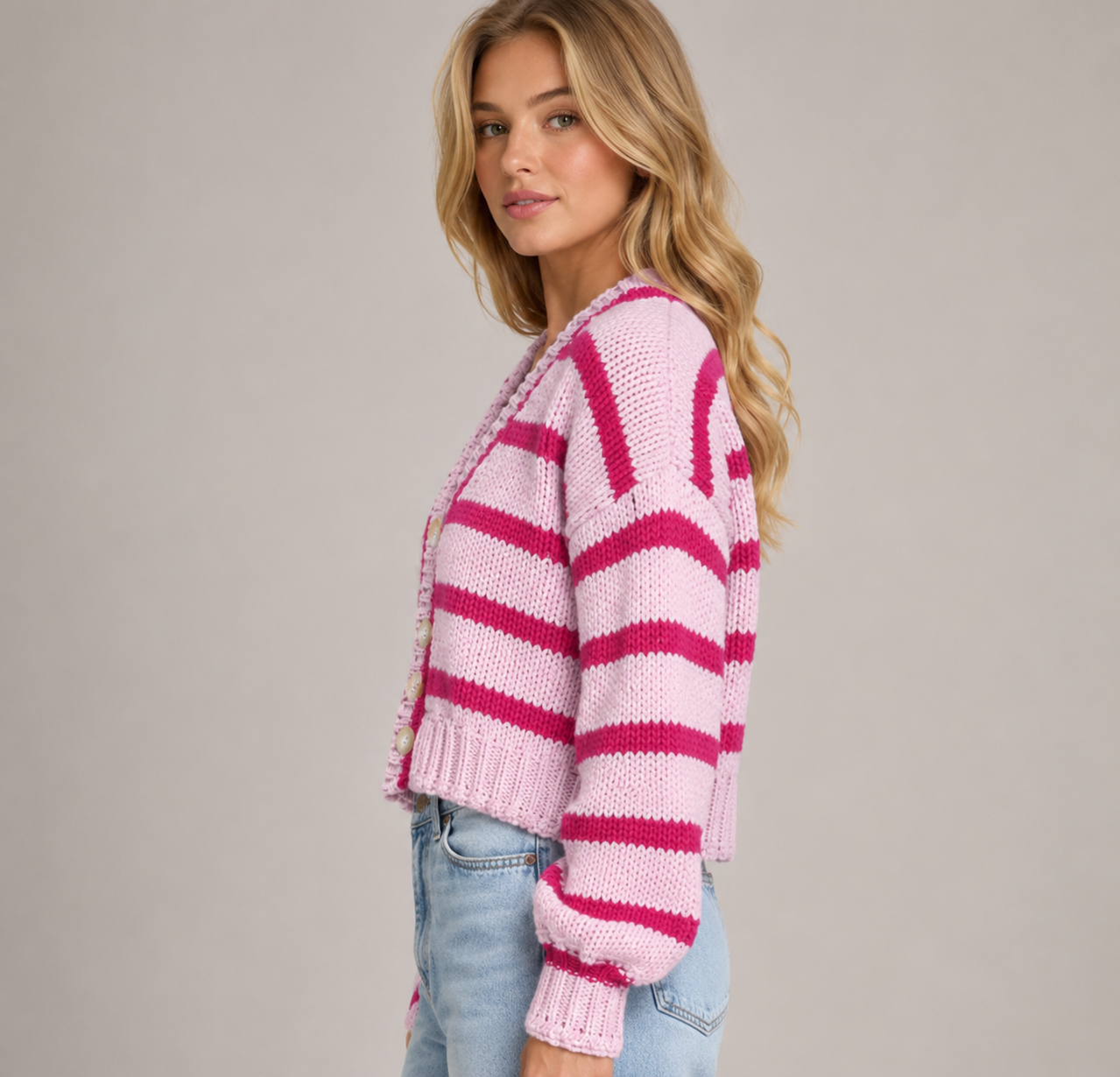 Women's Contrast Stripe V Neck Button Up Knit Cardigan Long Sleeve Casual Sweater for Spring, Autumn & Winter