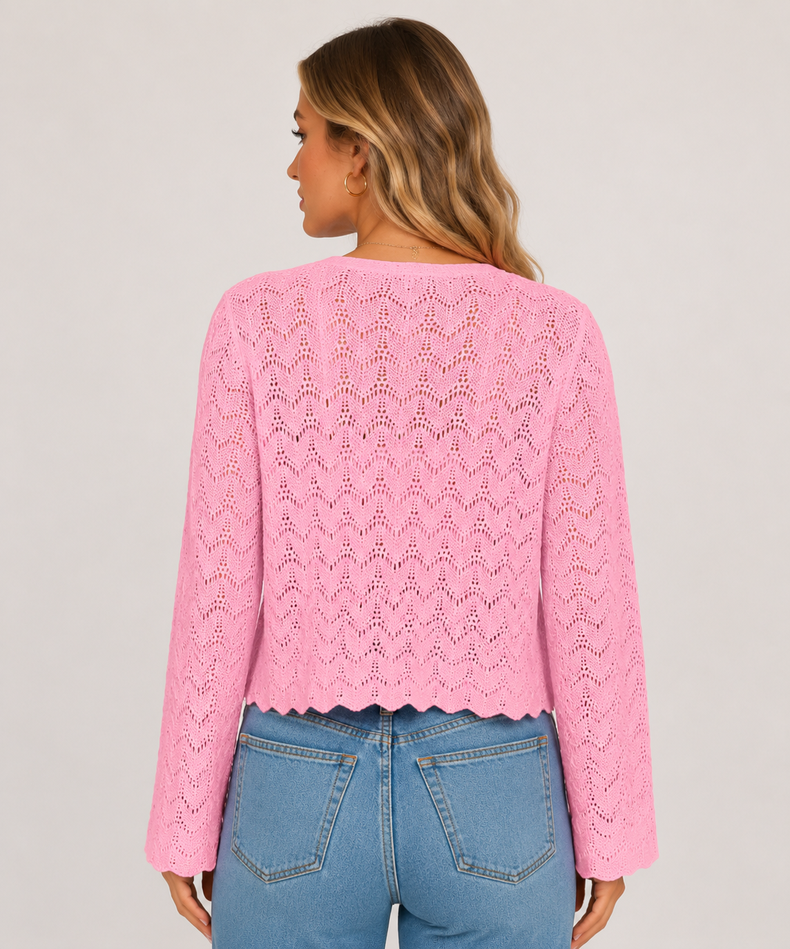 Women's Hollow Knit Tie Front Cardigan Long Sleeve Lightweight Open Front Sweater