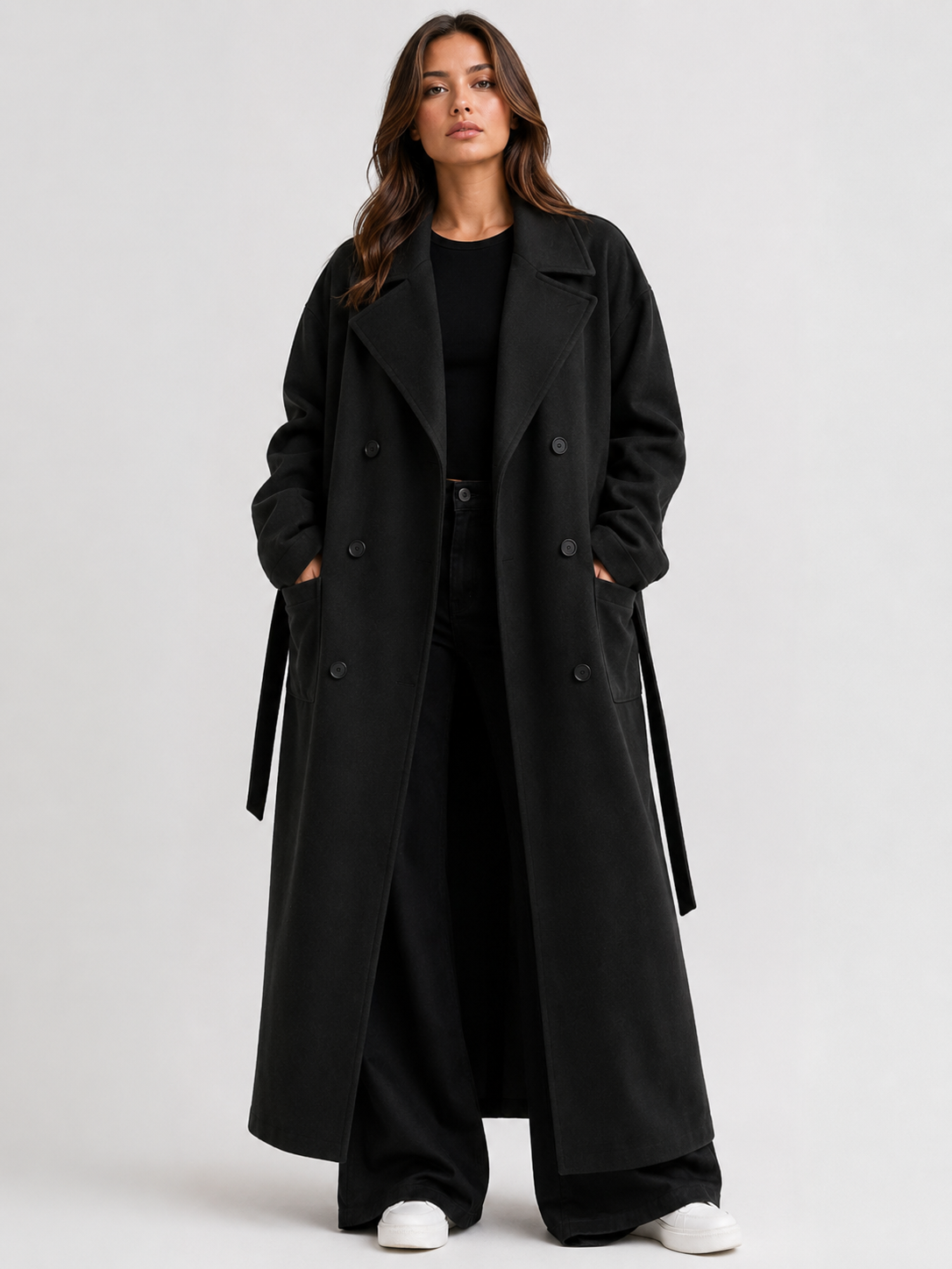 Oversized Woman's Long Wool Blend Coat Casual Solid Colour Open Front Winter Overcoat with Pockets for Autumn's