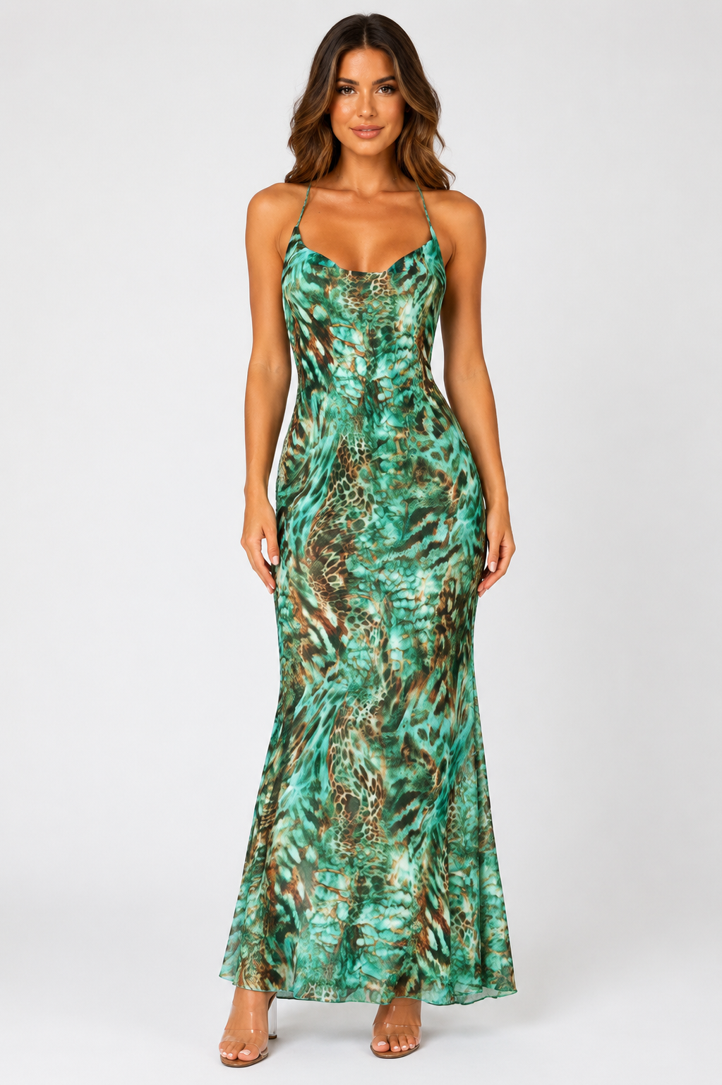 Edin Womens Elegant Zebra Print Plunging Neck Backless Maxi Dress