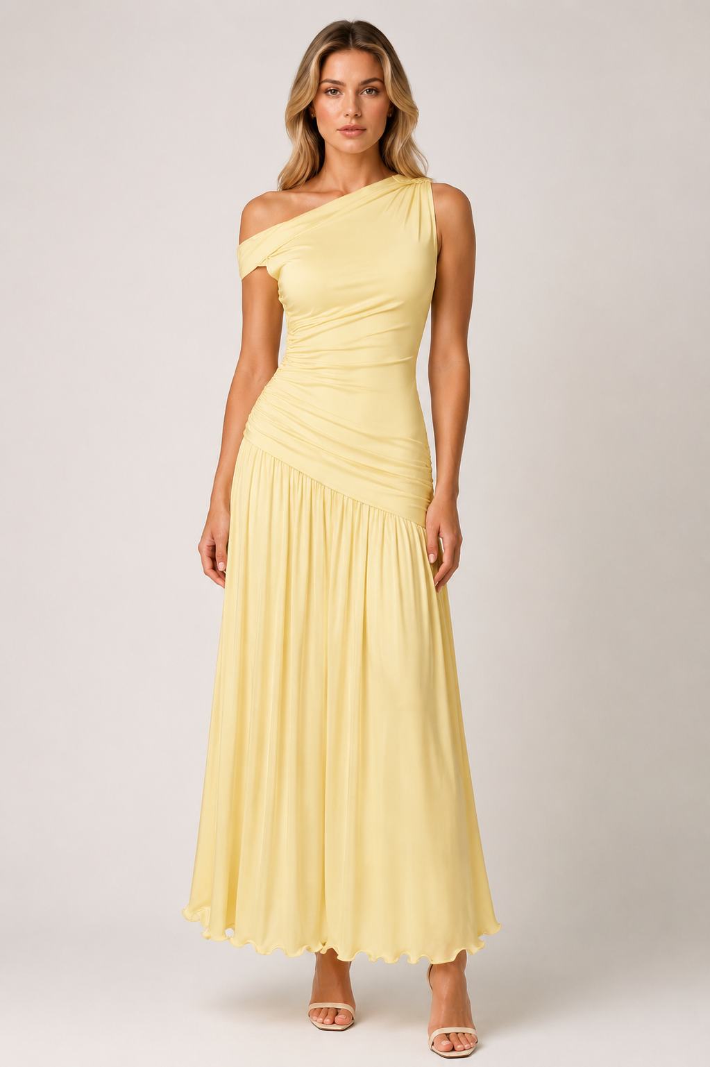 Women's Elegant Asymmetrical Neck Ruched Maxi Dress Sleeveless Graduation, Birthday Party & Evening Occasion Dress