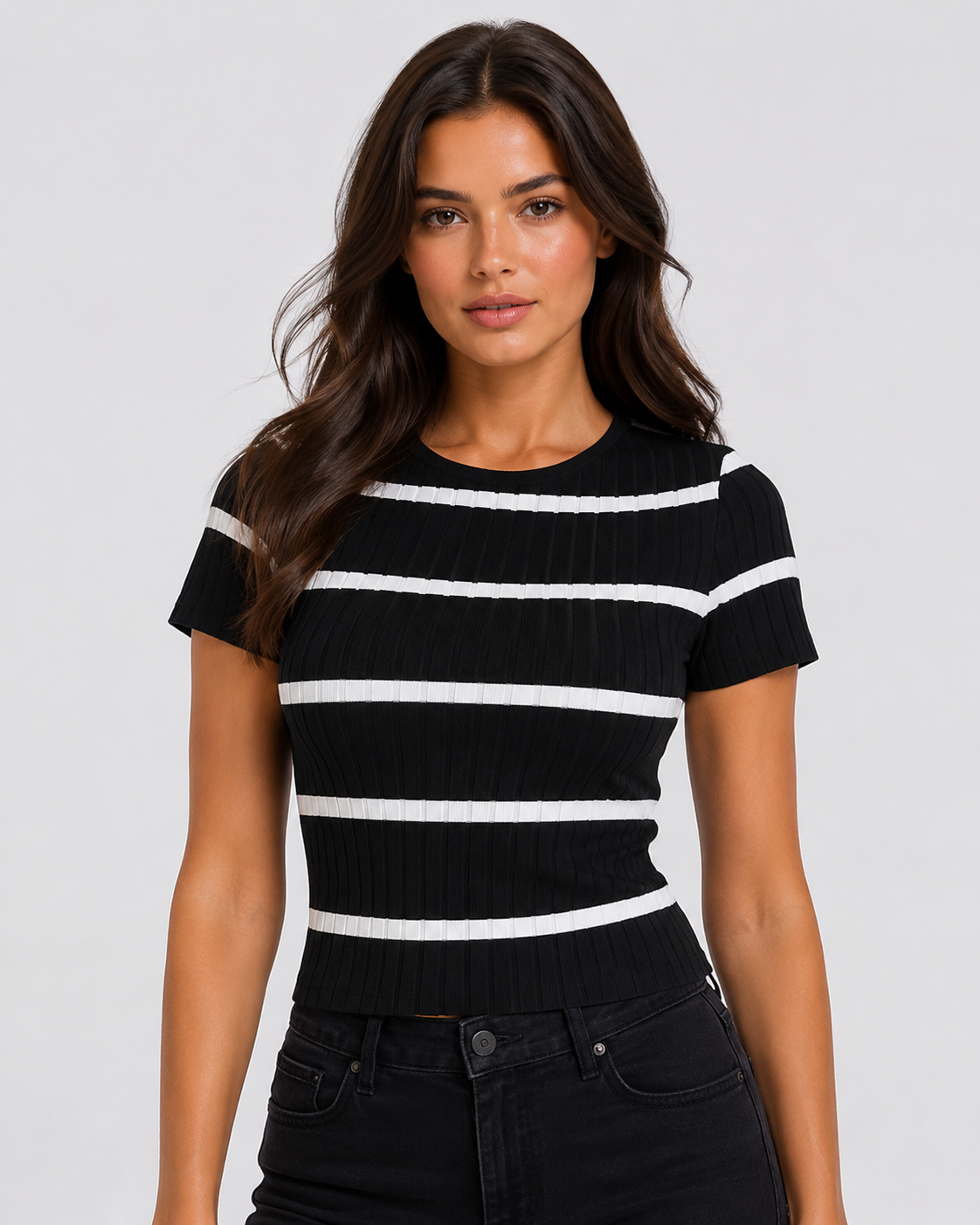 Women's Ribbed Crew Neck T-Shirt  Slim Fit Textured Casual Everyday Top