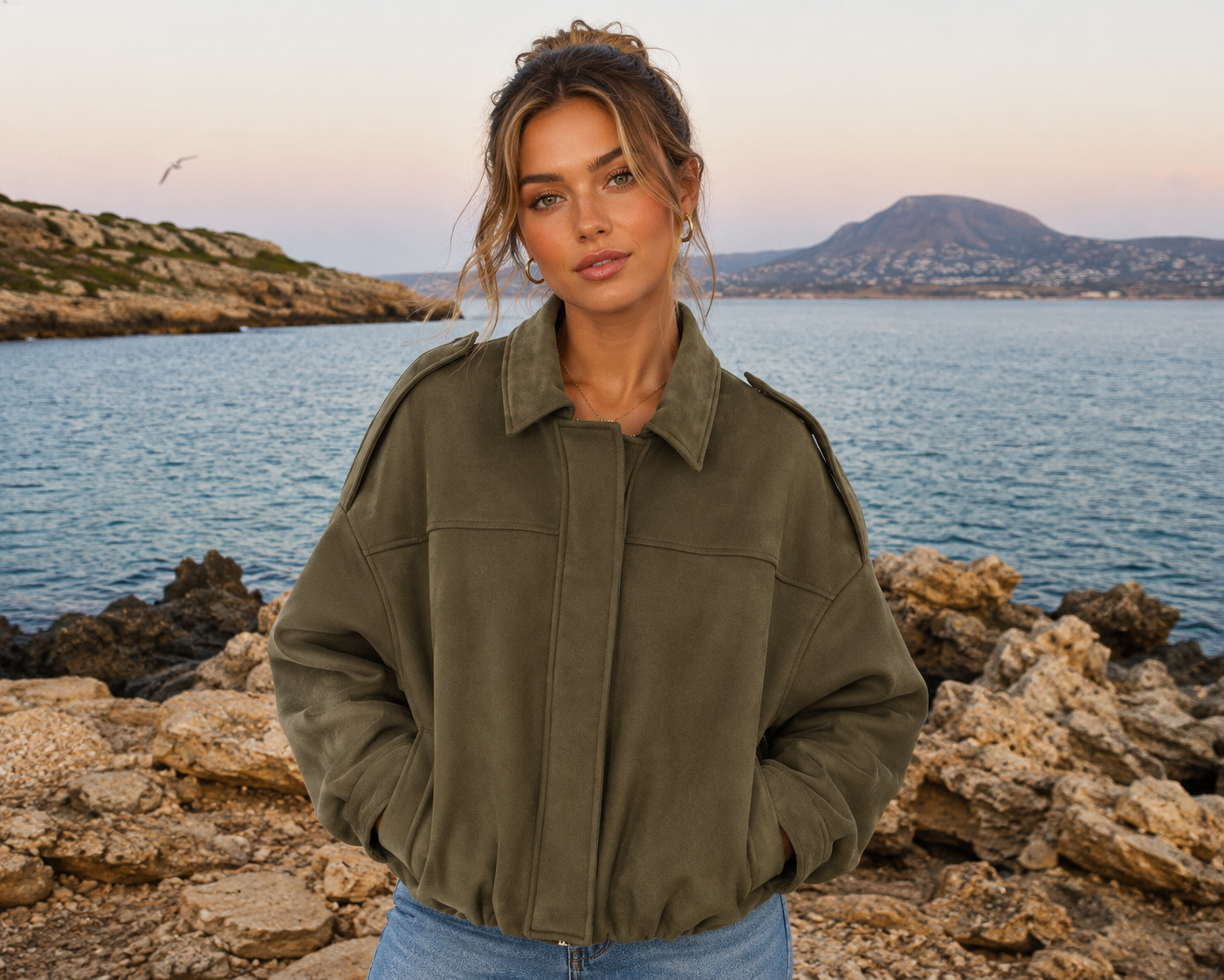 Womens casual suede texture lapel bomber jacket coat
