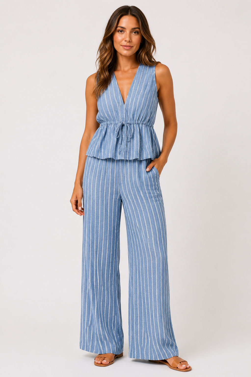 Striped Deep V-Neck Pleated Top & Wide Leg Pants Co-Ord Set Casual Beach Holiday Two Piece Outfit