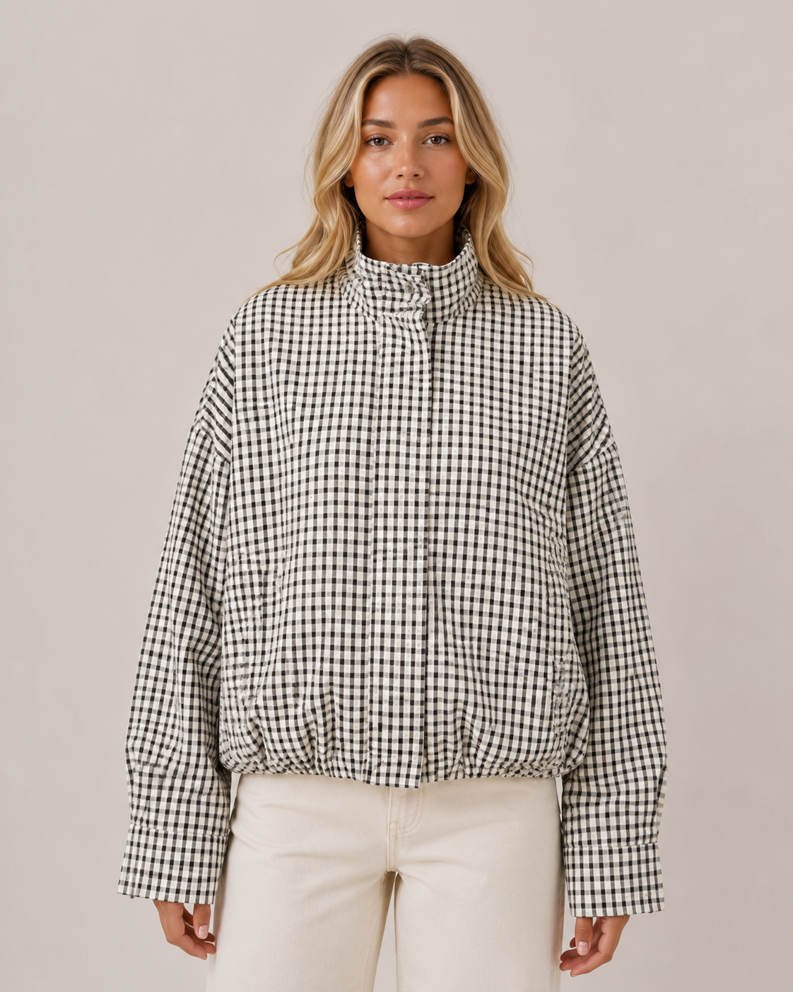 Women's Oversized Checkered Bomber Jacket  Lightweight Zip-Up Casual Streetwear Coat