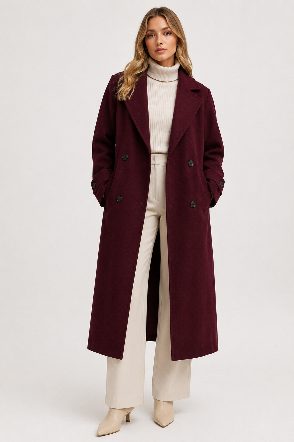 Women's Oversized Wool Blend Belted Long Overcoat Elegant Winter Autumn Trench Coat with Lapel Collar, Long Sleeve Casual Office Jacket