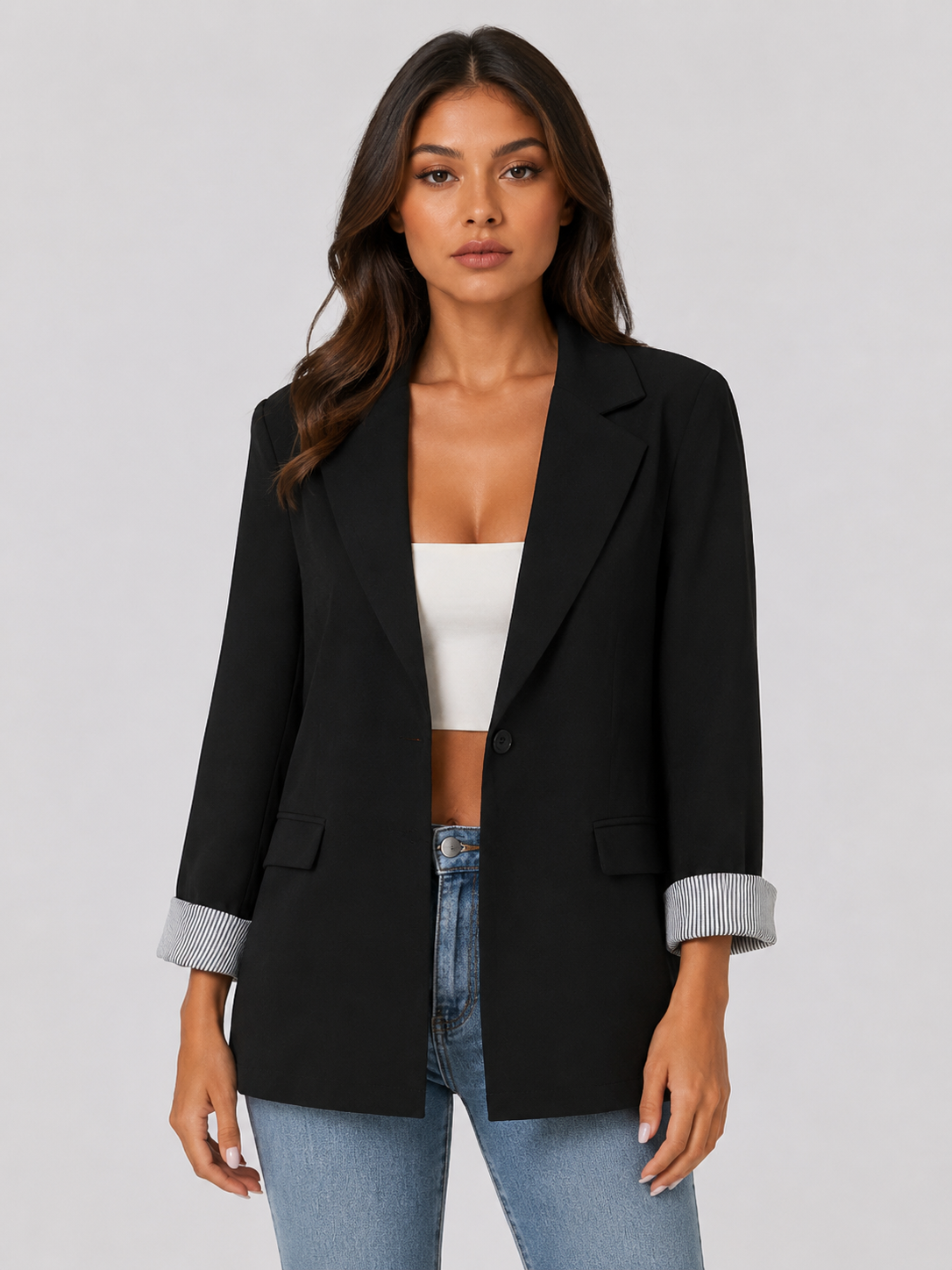Women's Notched Lapel Blazer Classic Front Button Casual Office Jacket