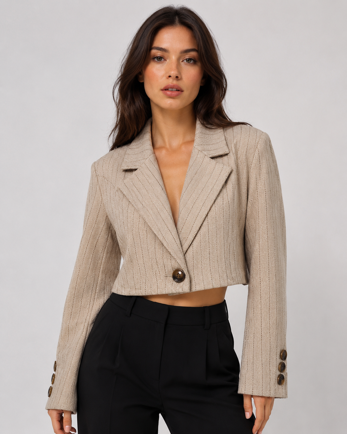 Women's Cropped Striped Blazer Chic Office Casual Long Sleeve Tailored Jacket