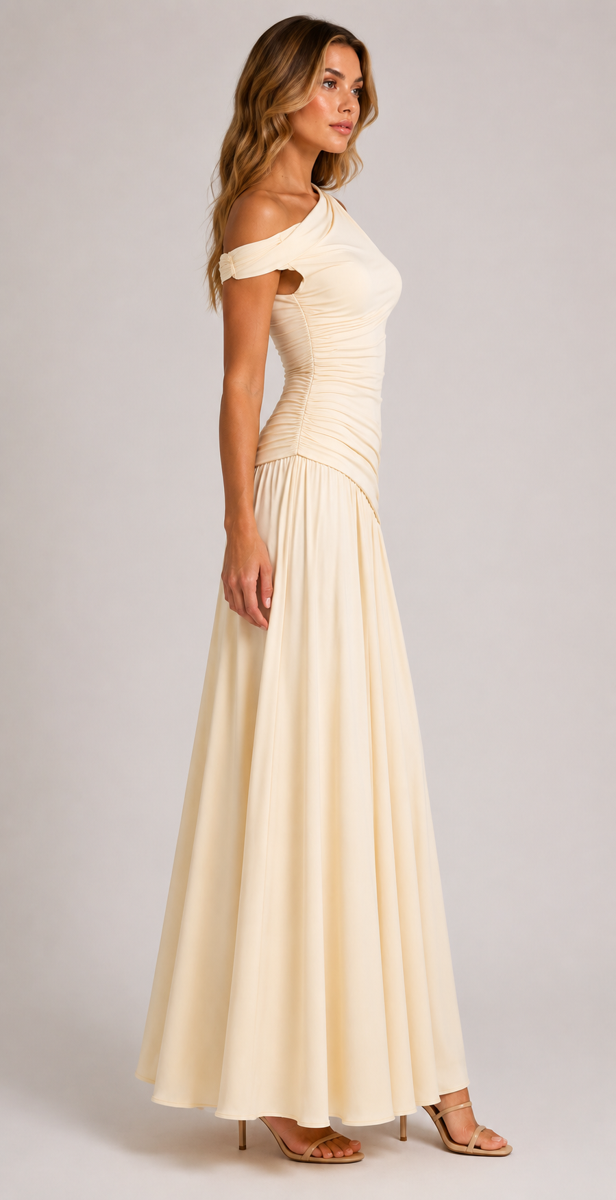 Women's Elegant Asymmetrical Neck Ruched Maxi Dress Sleeveless Graduation, Birthday Party & Evening Occasion Dress