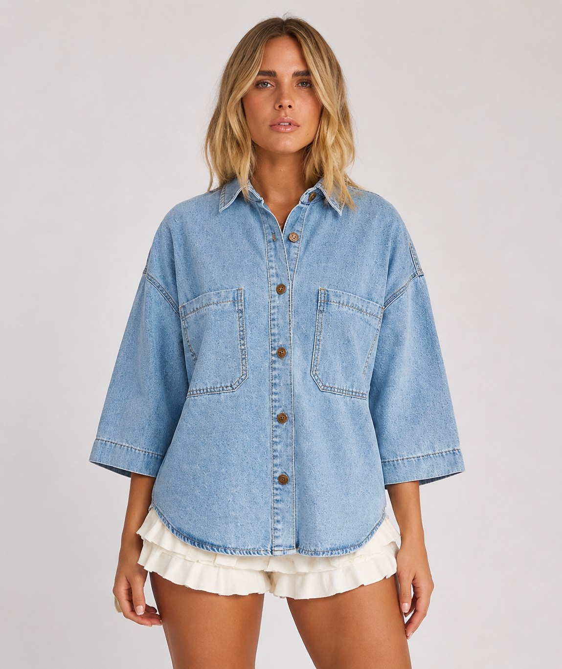 Women's Oversized Denim Shirt Casual Button Up Sleeve Washed Denim Blouse with Chest Pocket