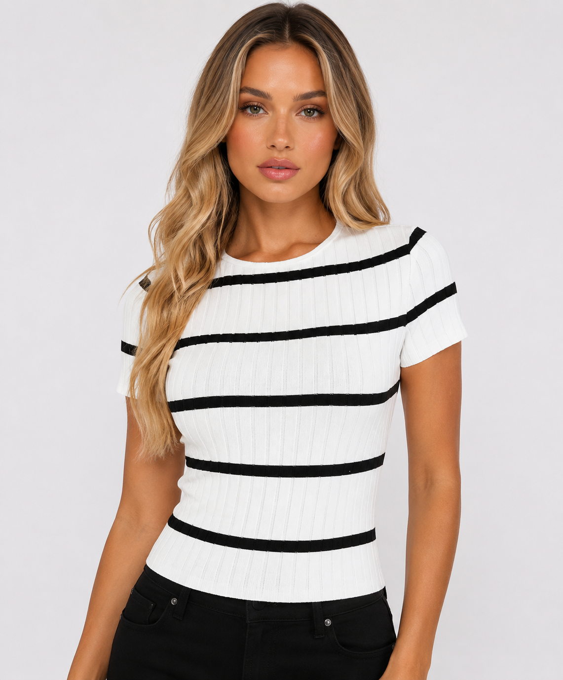 Women's Ribbed Crew Neck T-Shirt  Slim Fit Textured Casual Everyday Top