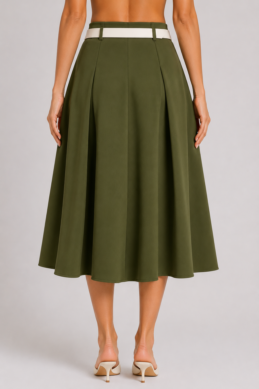 Women's Belted Pleated Midi Skirt Casual High Waist Flare A-Line Skirt for Office