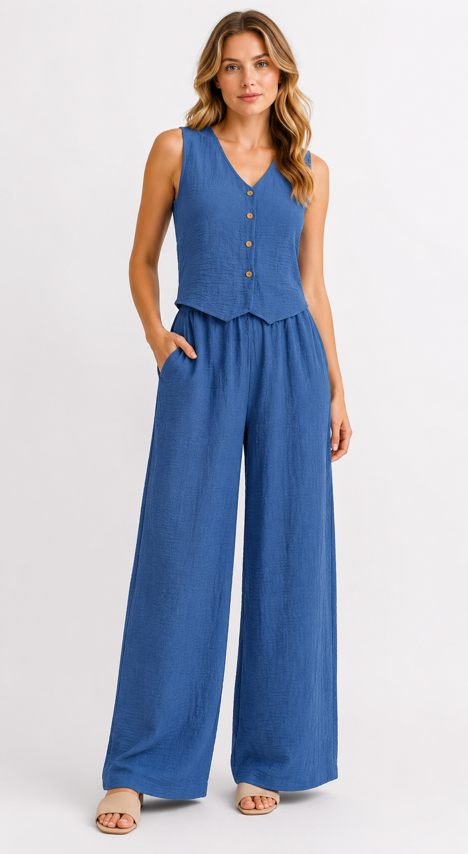 Women's Textured Button Camisole & Wide Leg Trousers Co-Ord Set Casual Two Piece Outfit