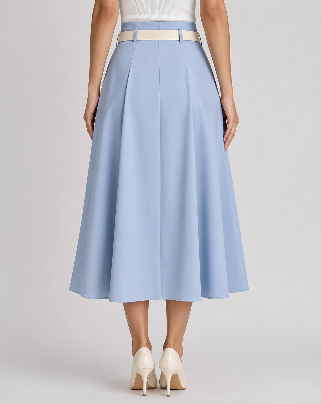 Women's Belted Pleated Midi Skirt Casual High Waist Flare A-Line Skirt for Office