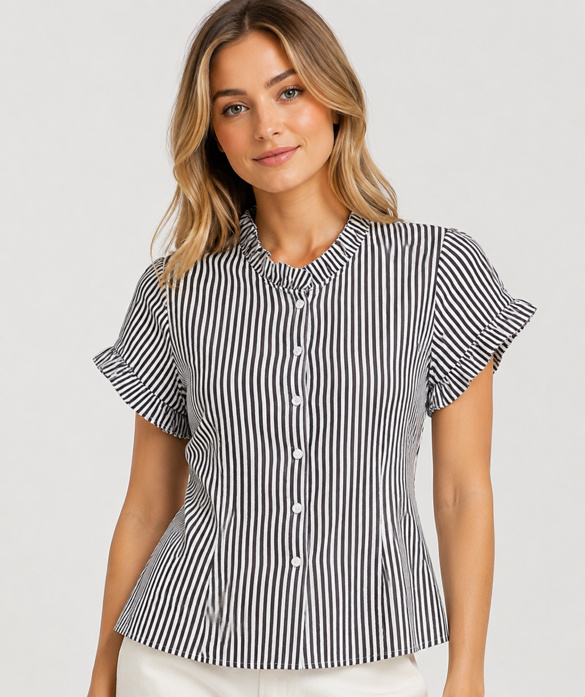 Women's Striped Frill Trim Blouse Short Sleeve Button Up Casual Summer Shirt