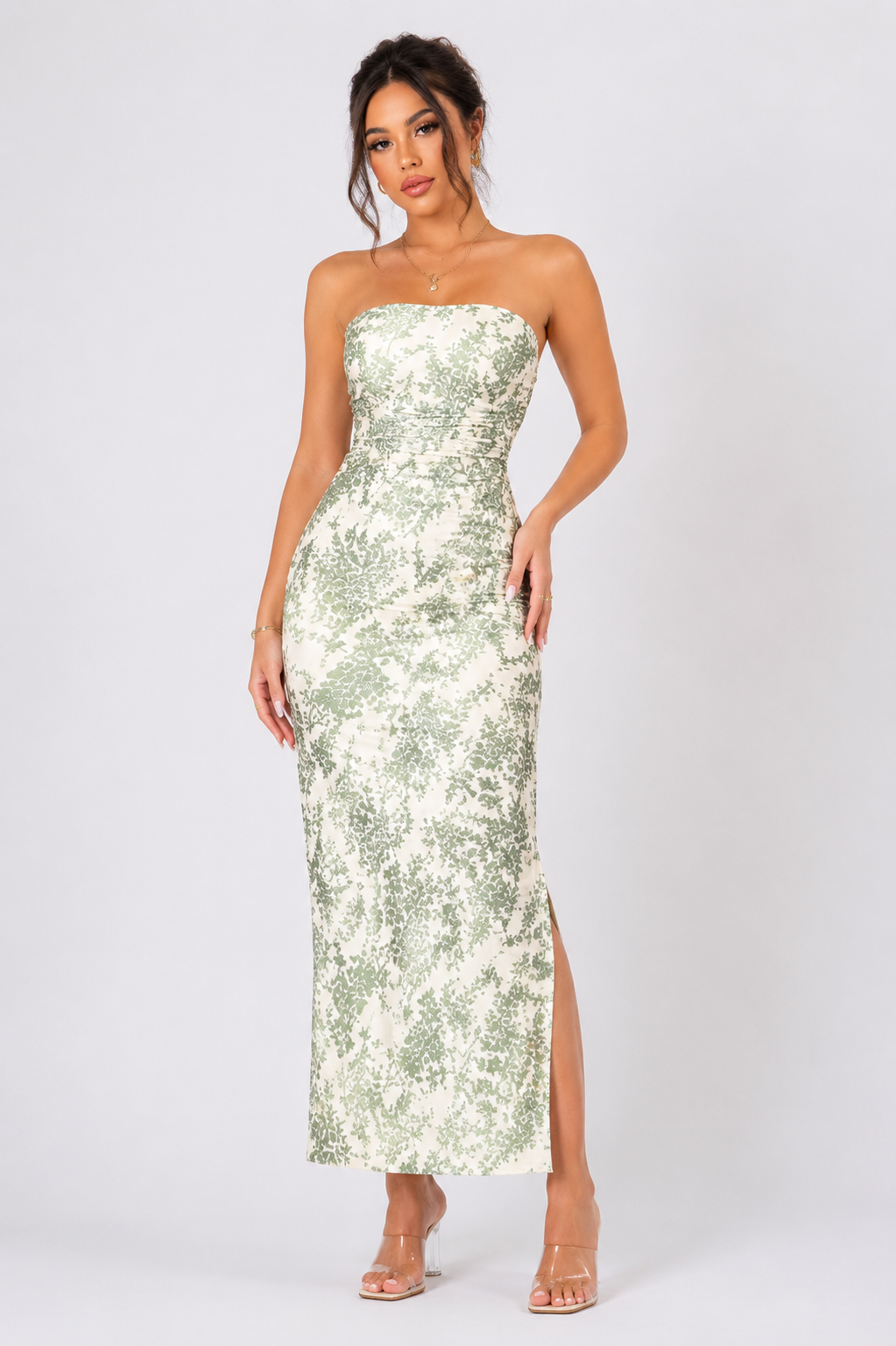 Women's Strapless Floral Print Split Hem Maxi Dress  Elegant Body con Summer Holiday & Vacation Dress