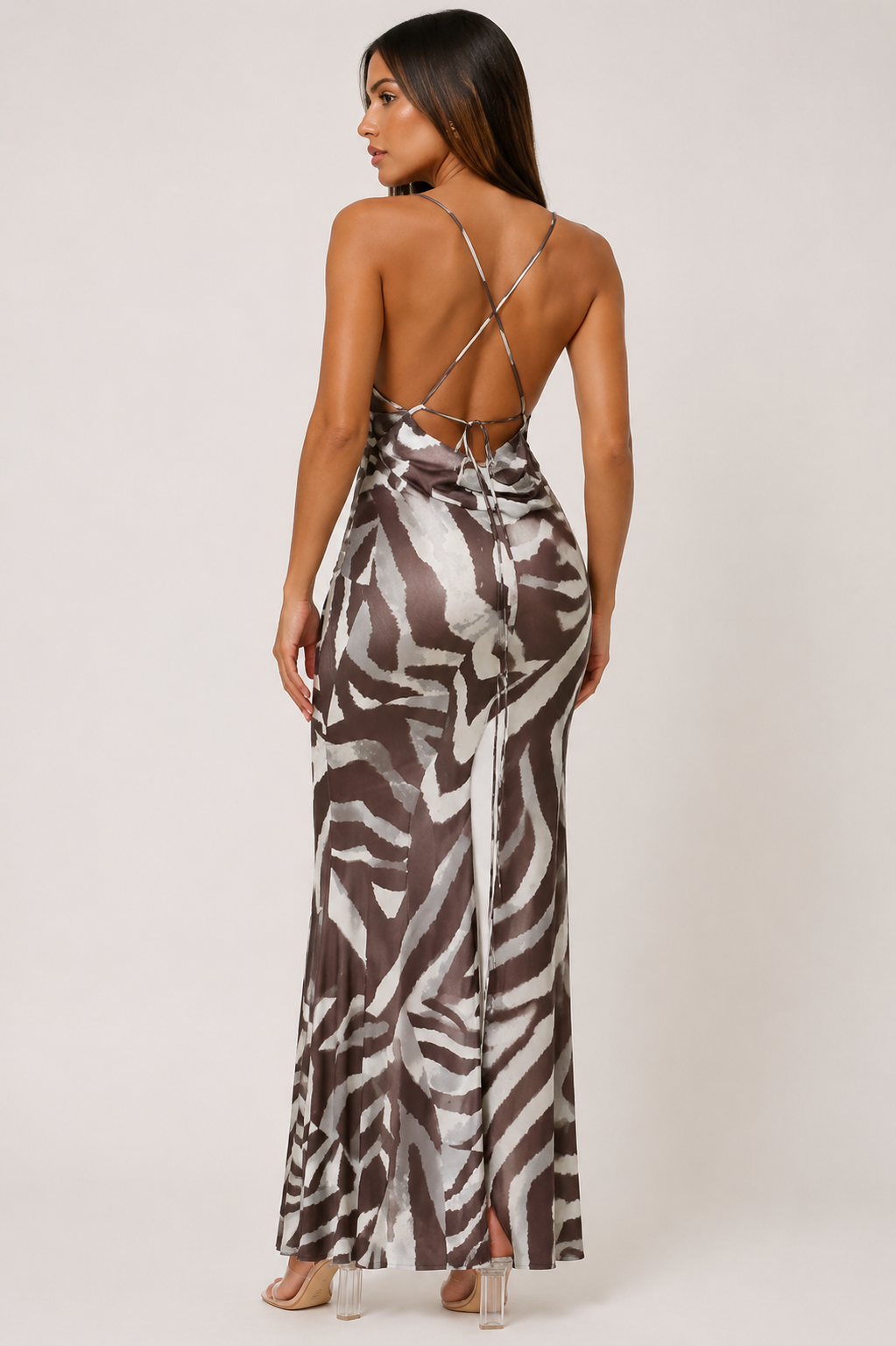 Edin Womens Elegant Zebra Print Plunging Neck Backless Maxi Dress