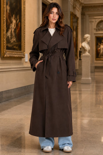 Women's Double Breasted Belted Long Trench Coat Elegant British Style Lapel Overcoat for Autumn & Winter