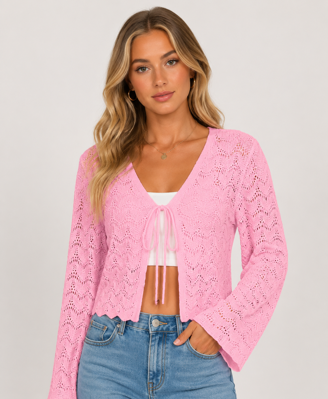 Women's Hollow Knit Tie Front Cardigan Long Sleeve Lightweight Open Front Sweater