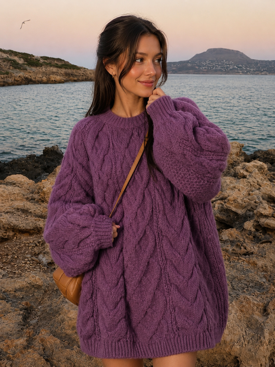 Women Cable Knit Pullover Sweater – Loose Fit Twisted Pattern Soft Knit Top