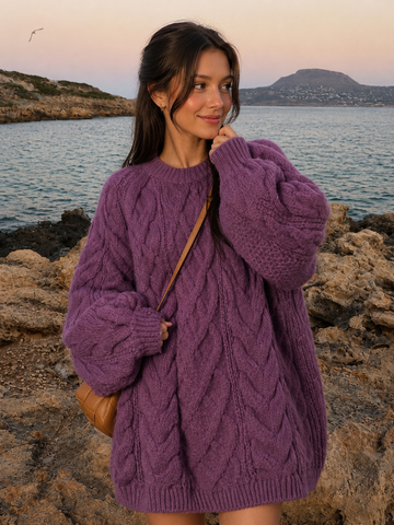 Women Cable Knit Pullover Sweater – Loose Fit Twisted Pattern Soft Knit Top
