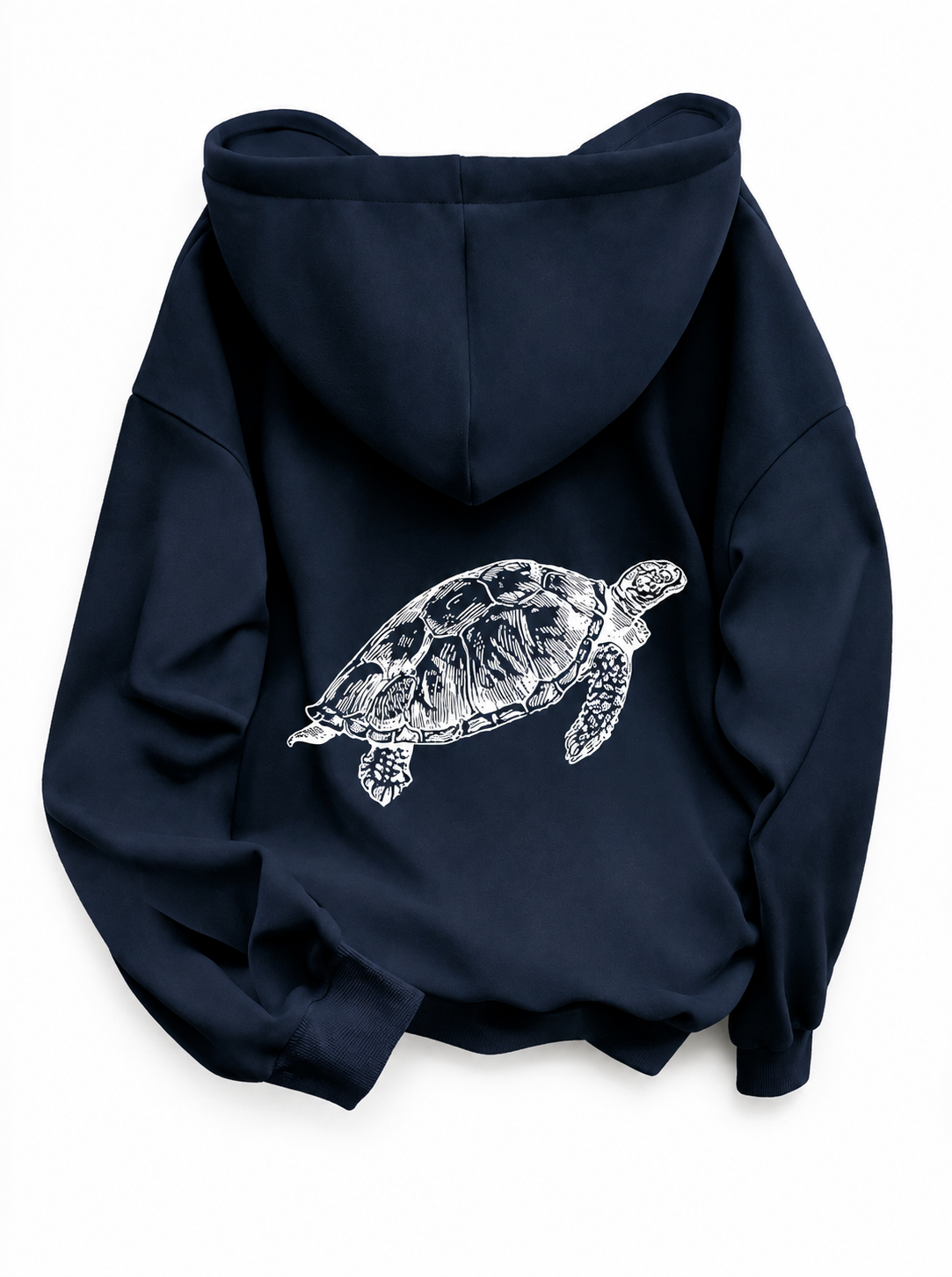 Women’s Warm Navy Blue Whote Oversized Pullover Hoodie With Turtle Graphic Travelling For Winters
