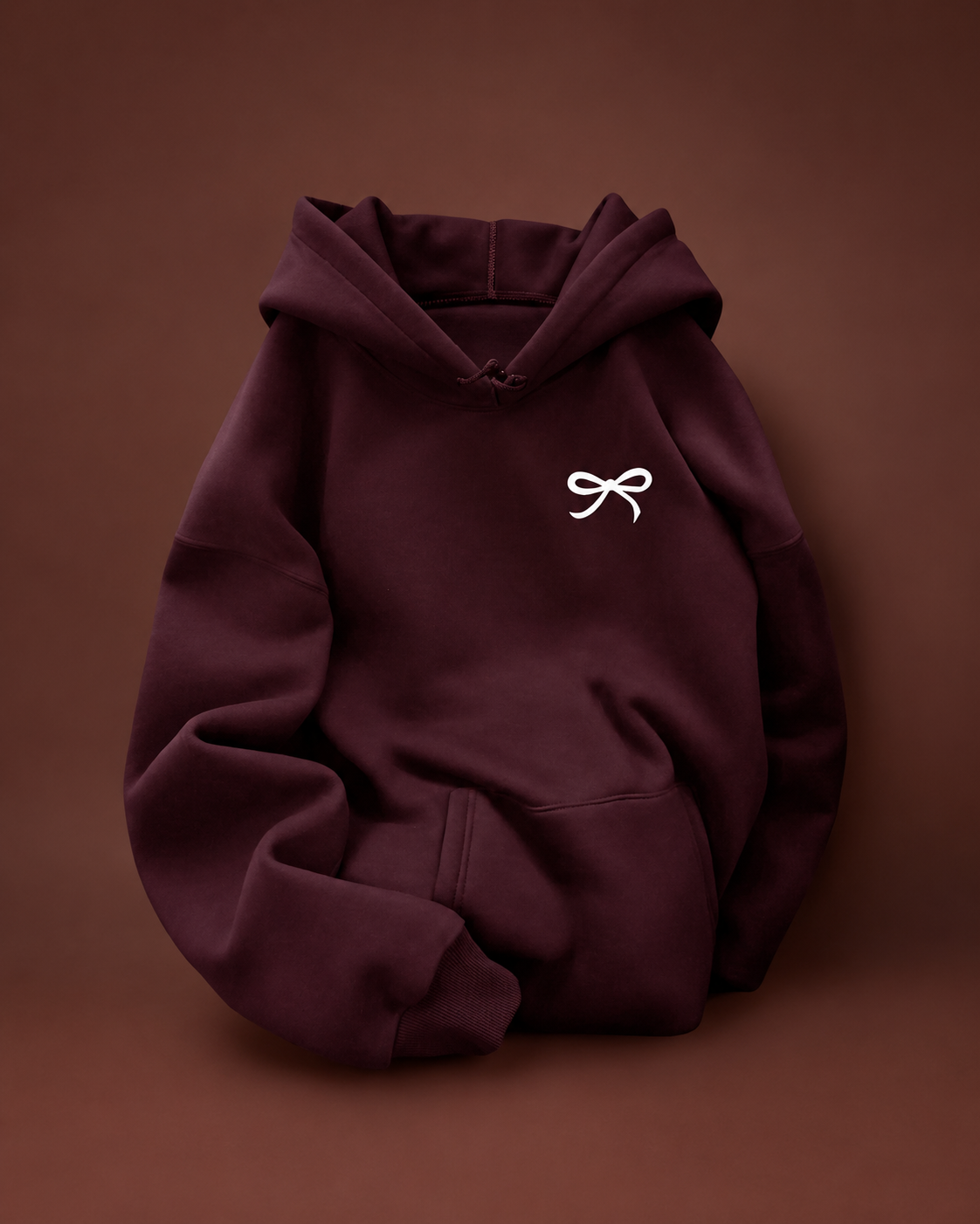 Women’s Burgundy Pullover Hoodie With Bow Graphic And Kangaroo Pocket Everyday & Travel