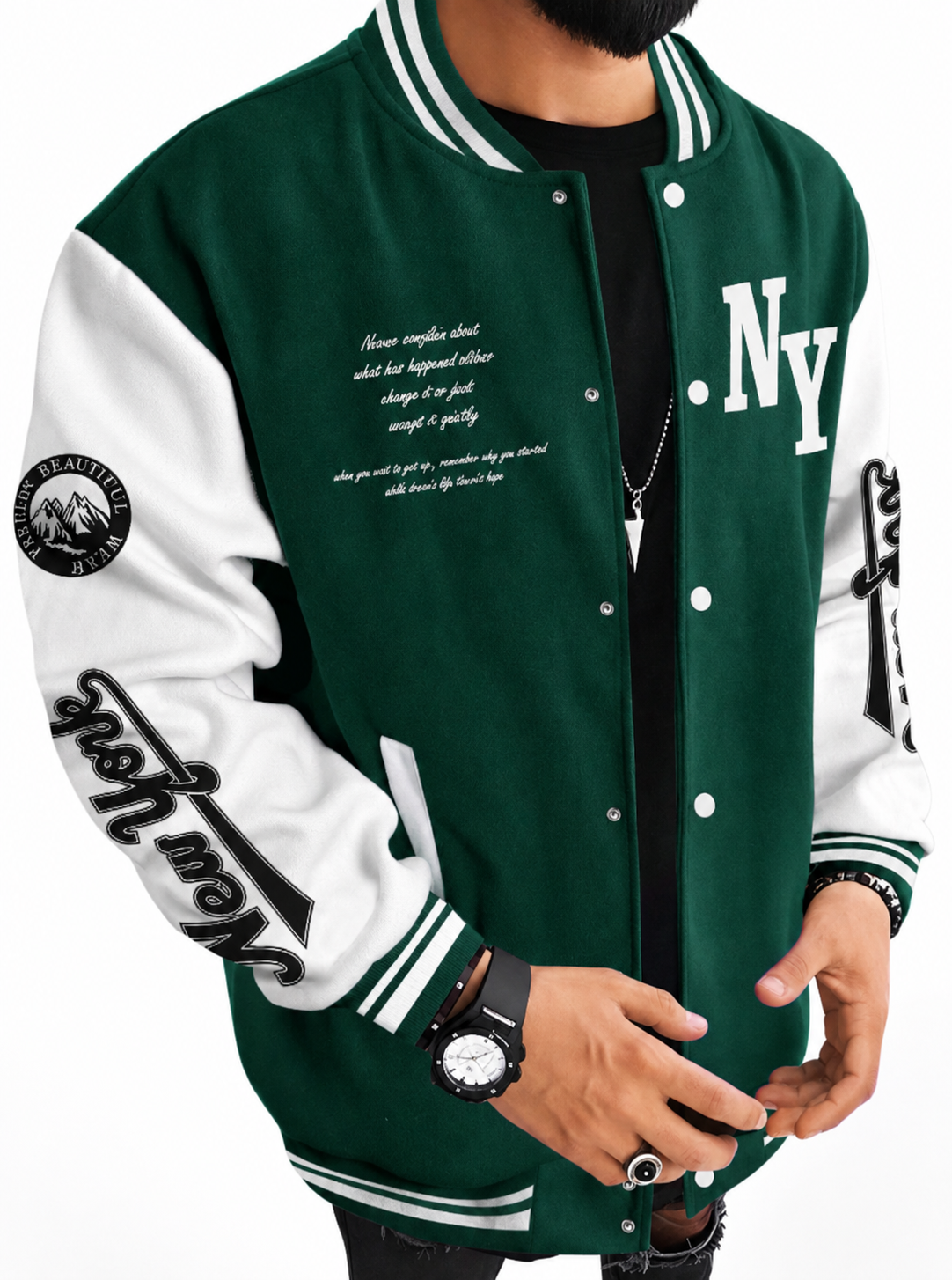 Men's Black And White Varsity Bomber Jacket With NY Graphic For Streetwear Everyday College