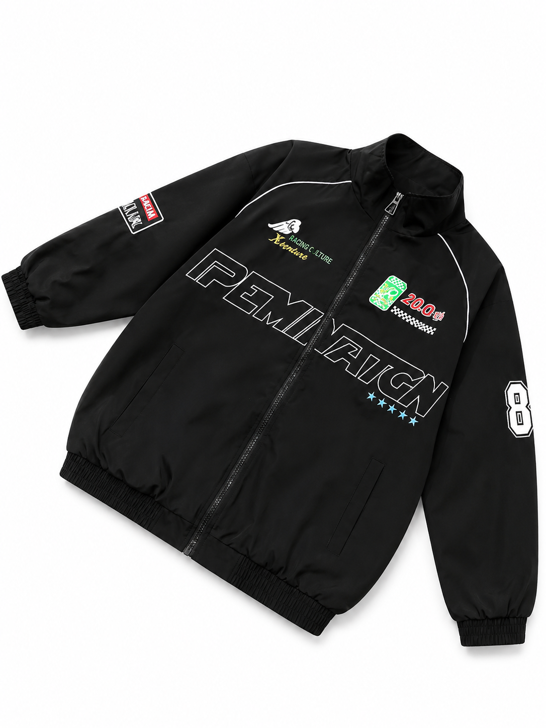 Men's Brown Streetwear  Racing Style Bomber Jacket With Graphic Patches And Zip Front
